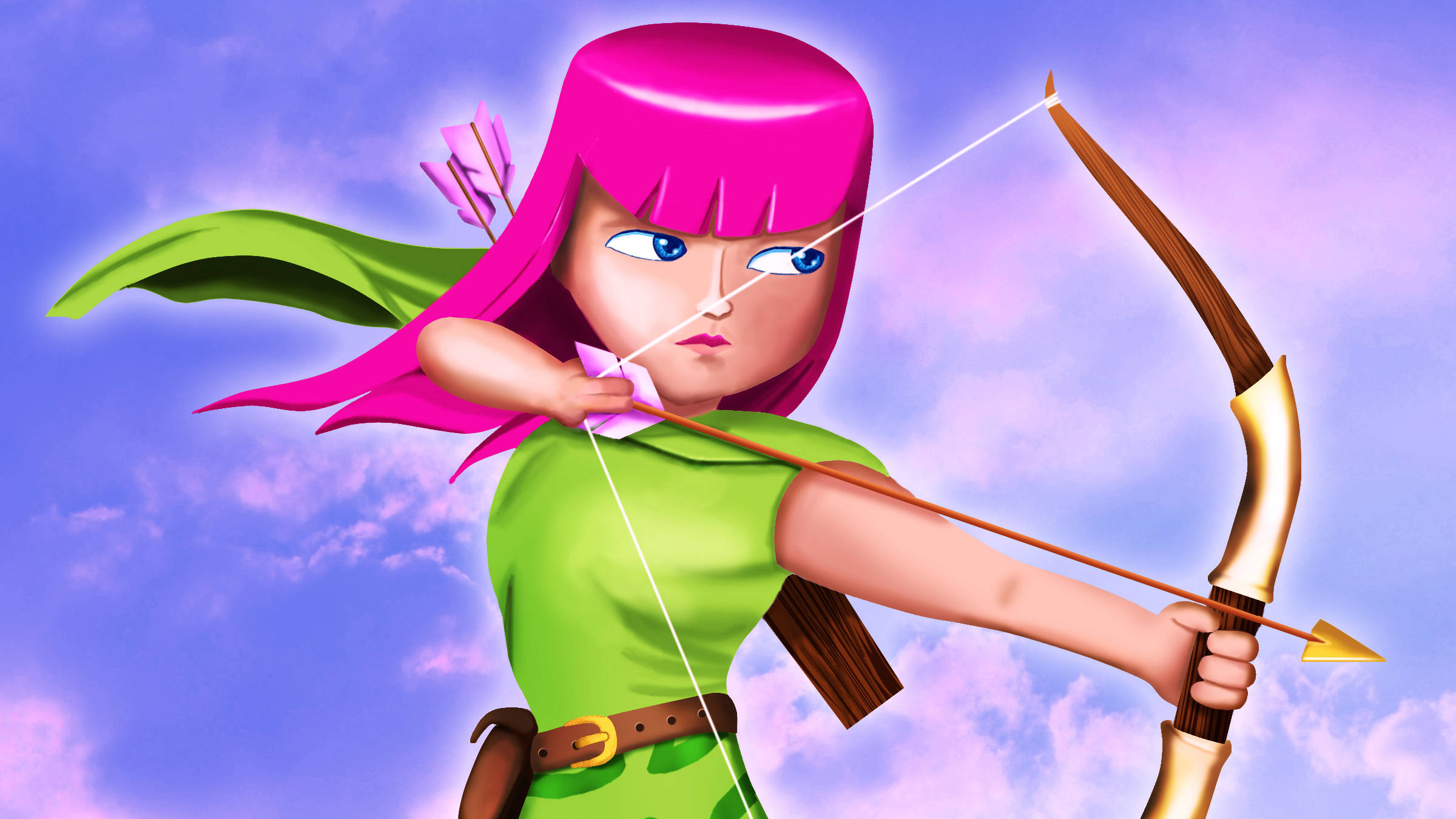 Archery 桌布 壁紙 — 一位充滿活力的動漫弓箭手，粉紅色頭髮和綠色服裝，在紫色天空下拉弓。