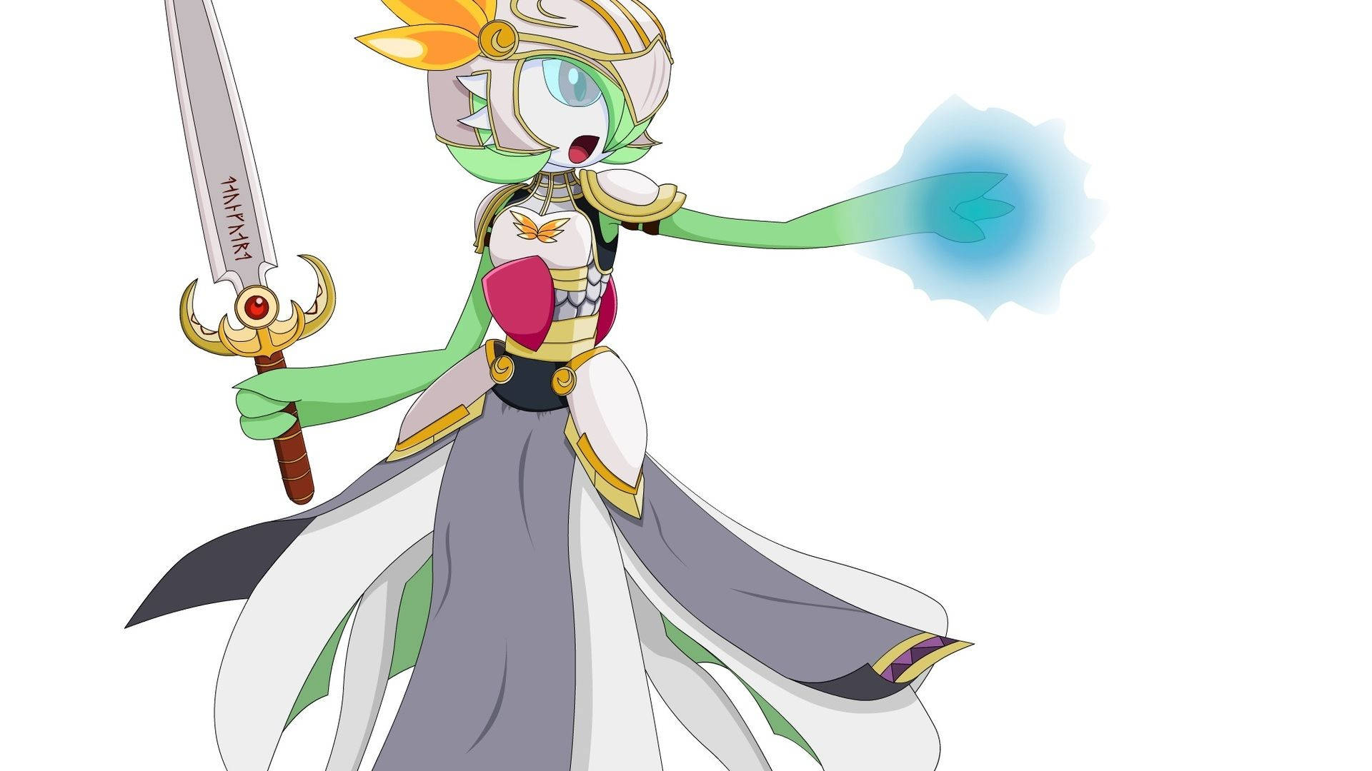 Gardevoir 桌布 壁紙 — 一位充滿活力的動漫戰士，綠色皮膚，金色頭盔，揮舞著劍，從手中發出藍色能量。