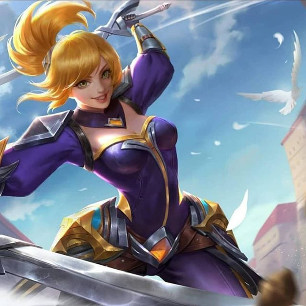 Mobile Legends 動態圖 桌布 壁紙 — 一位充滿活力的動漫戰士，金髮紫甲，在明亮的藍天下揮劍，附近有一隻白鳥飛翔。