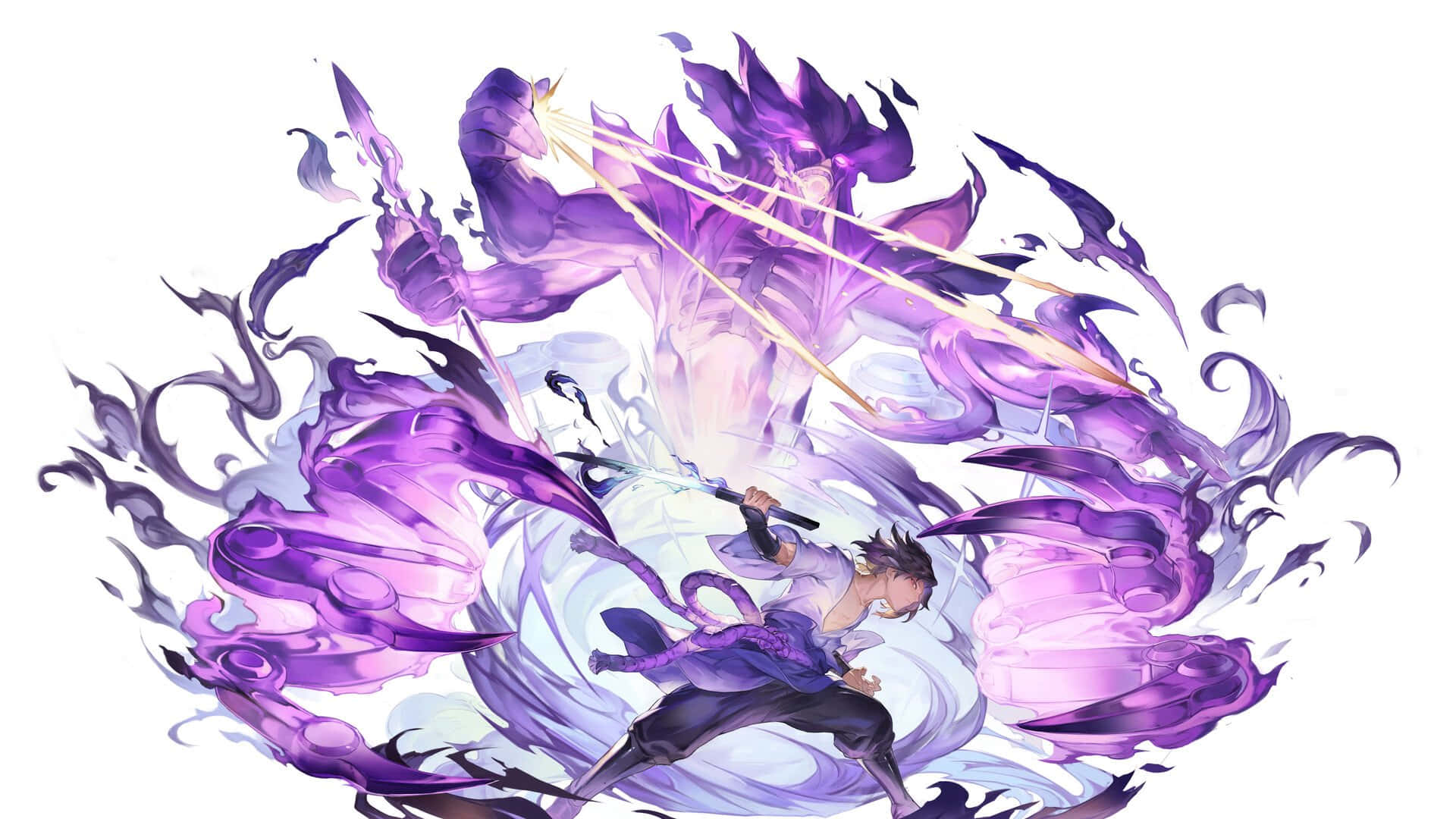Purple Sasuke 桌布 壁紙 — 一位充滿活力的動漫戰士在激烈的戰鬥中向幽靈野獸釋放出旋轉的紫色能量攻擊。