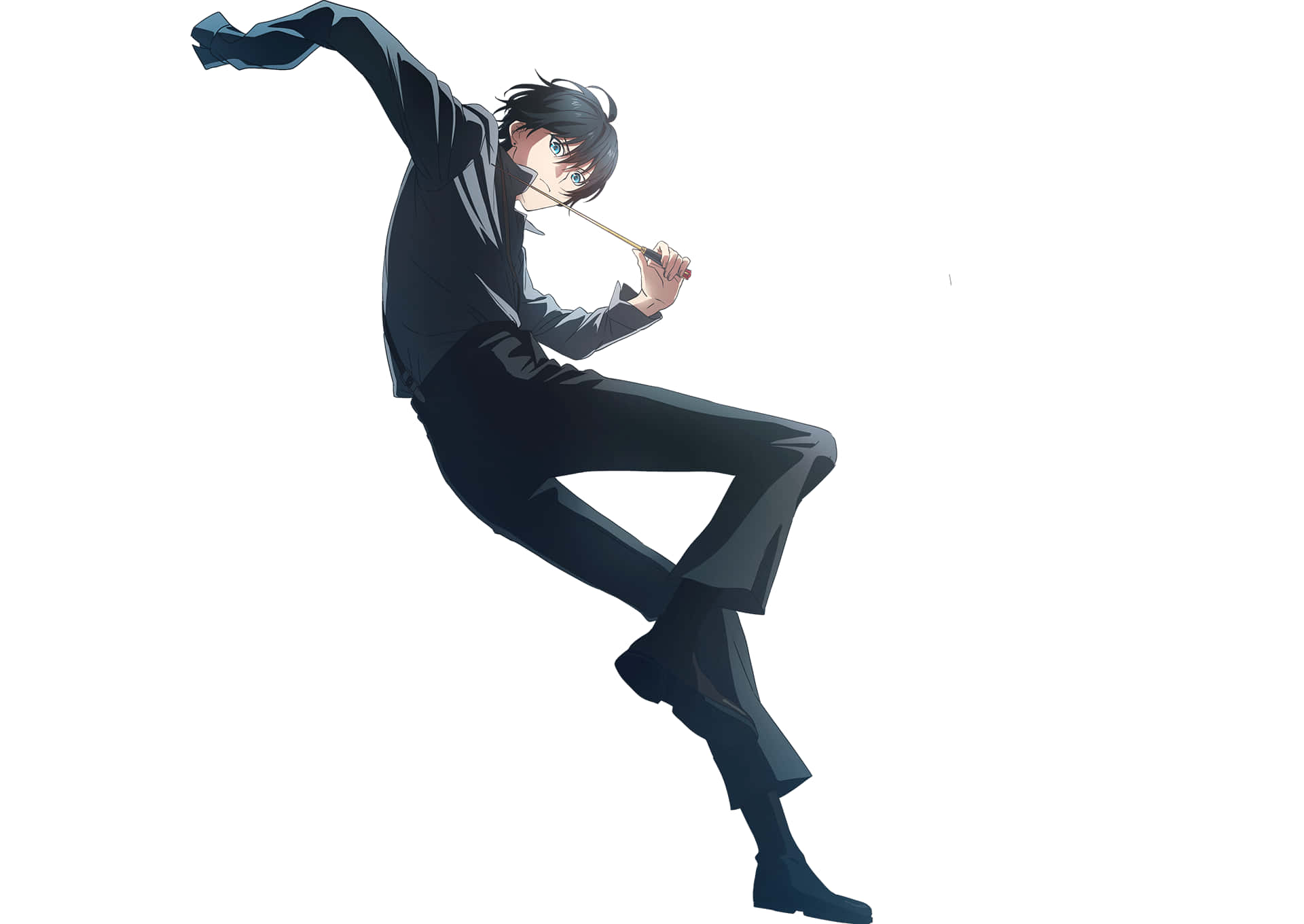 Black And White Anime 桌布 壁紙 — 一位充滿活力的動漫指揮家身穿黑色西裝，在純白背景下用指揮棒熱情地帶領樂團。