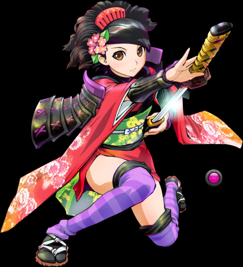 Anime Render 桌布 壁紙 — 一位充滿活力的動漫武士女孩，身穿彩色盔甲，在黑色背景前以動態戰鬥姿勢揮舞著發光的劍。