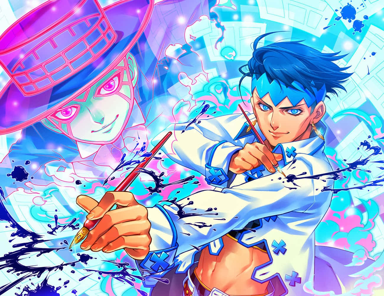 Rohan Kishibe 桌布 壁紙 — 一位充滿活力的動漫藝術家，藍色頭髮，身穿白色外套，在發光的霓虹燈背景下用墨水飛濺動態繪畫。