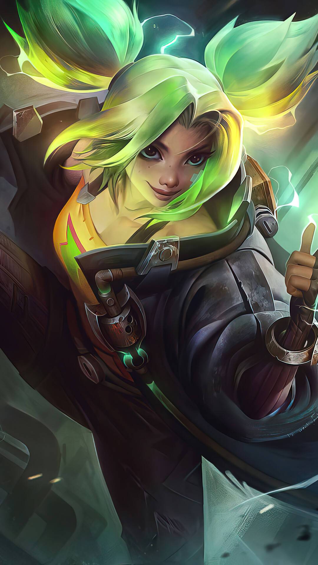 League Of Legends Phone 桌布 壁紙 — 一位充滿活力的動漫風格女戰士，擁有發光的綠色頭髮和周圍的電能爆發，揮舞著未來武器。