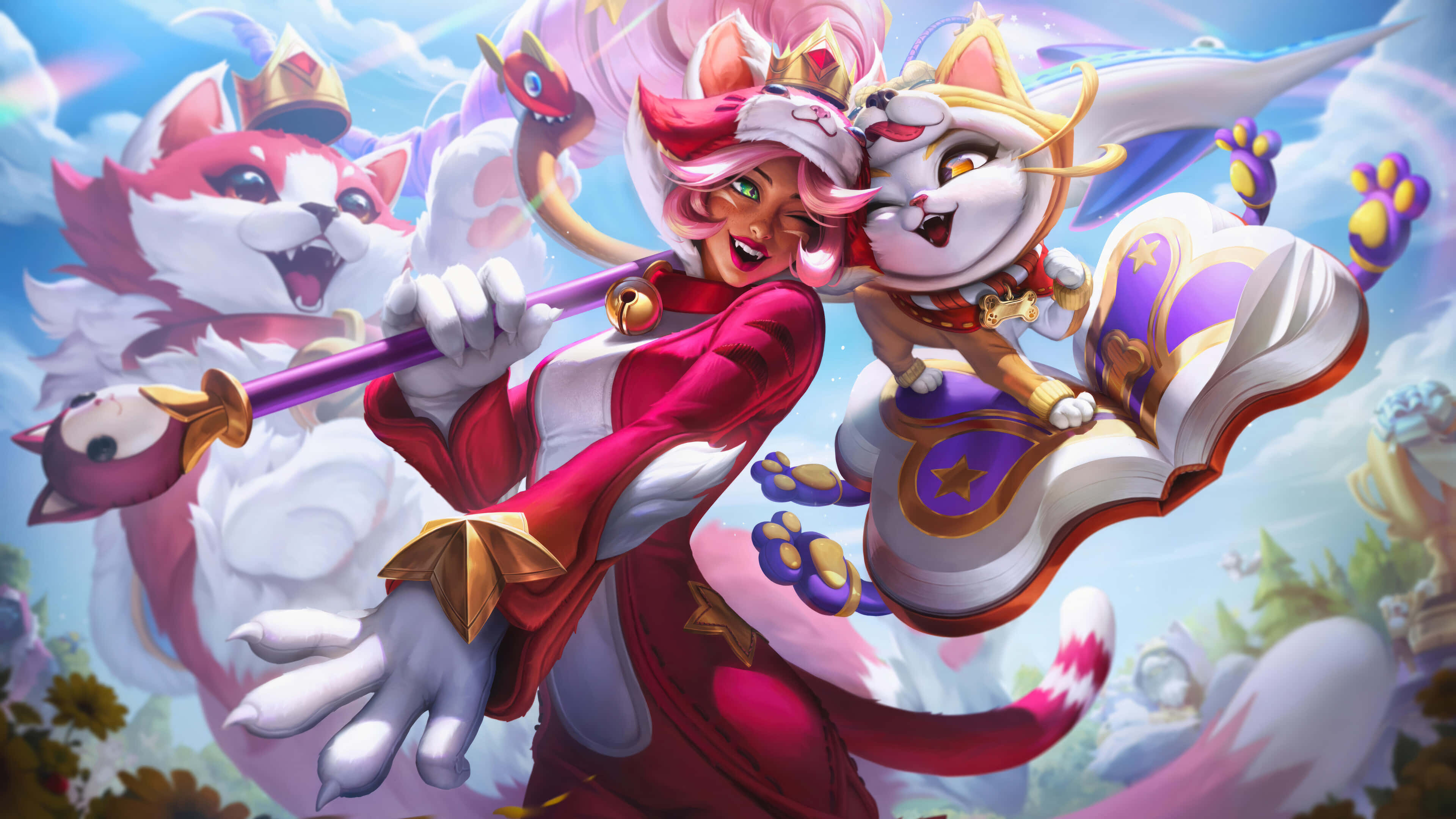 League Of Legends Champions 桌布 壁紙 — 一位充滿活力的動漫風格戰士，擁有粉紅色頭髮和貓咪夥伴，在充滿漂浮生物的神奇天空中揮舞著法杖。