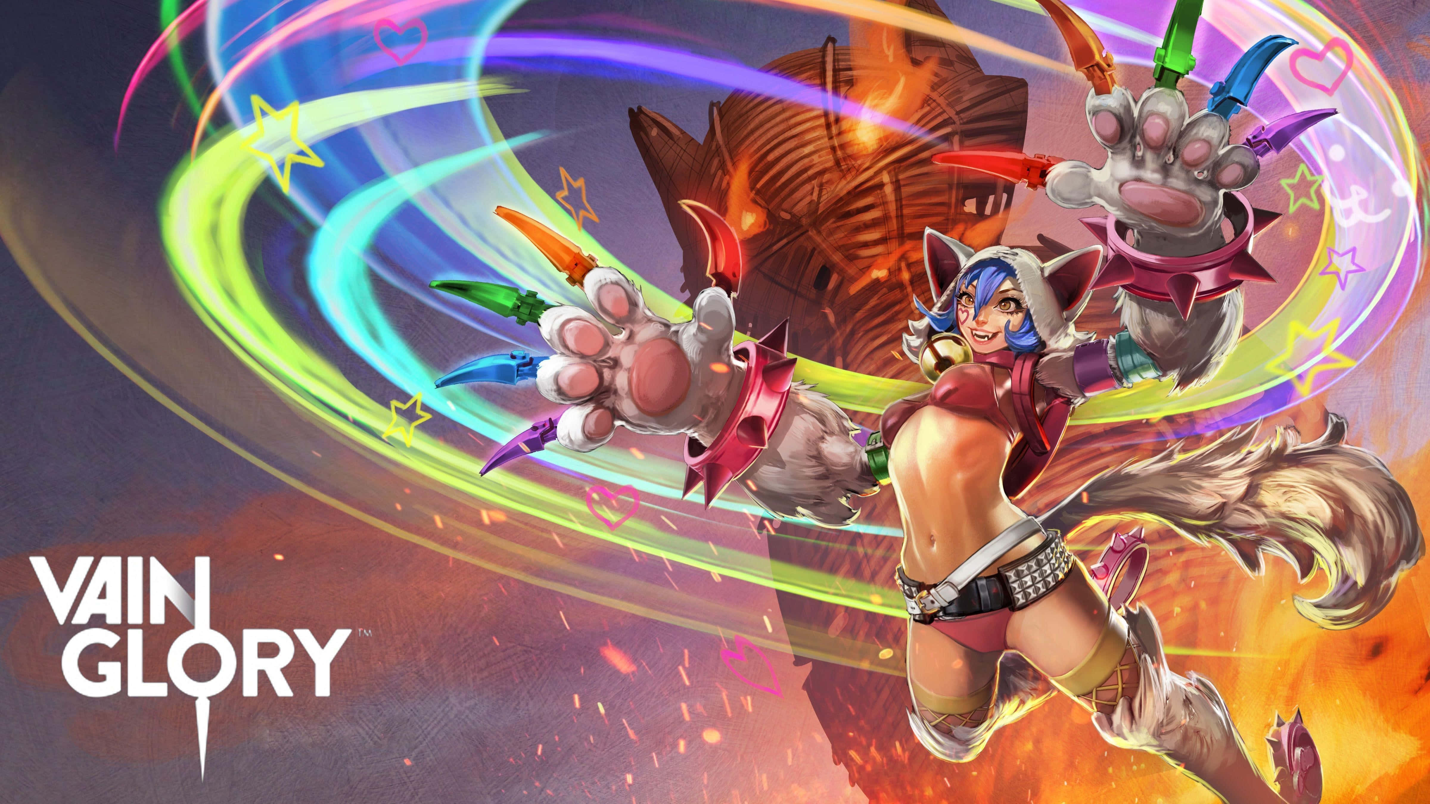 Vainglory 桌布 壁紙 — 一位充滿活力的動漫風格戰士，擁有貓耳和爪子，在熾熱的背景中釋放出色彩繽紛的能量爆炸。