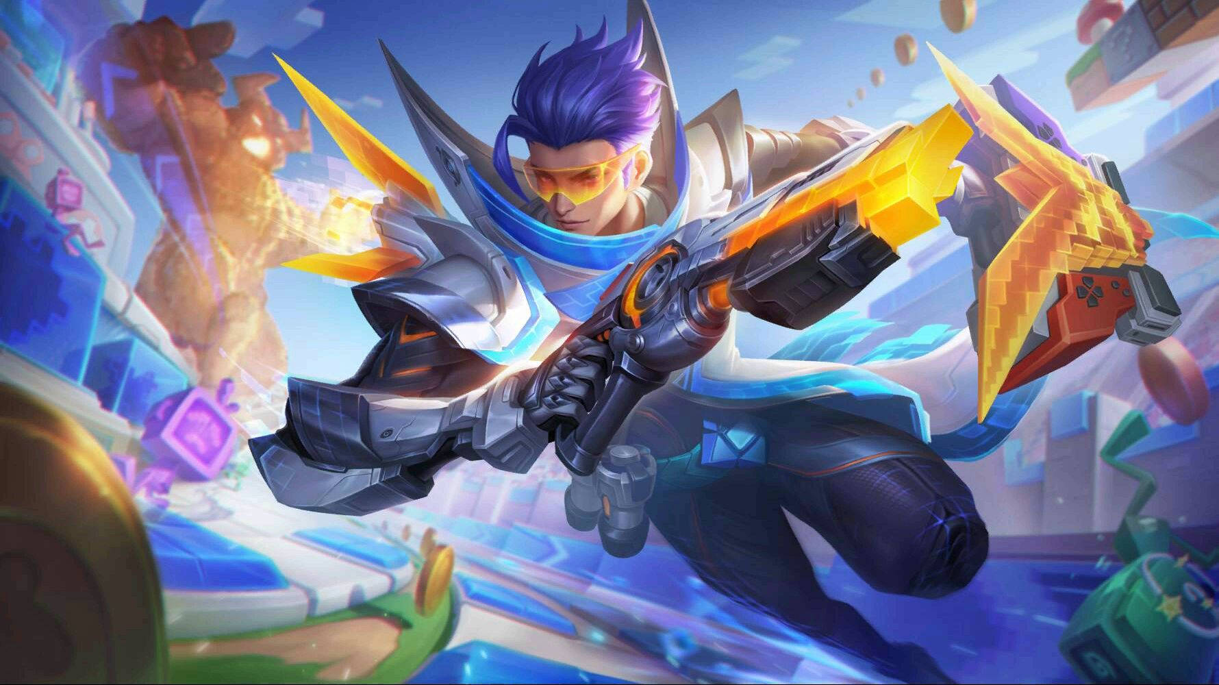 heroes 桌布 壁紙 — 一位充滿活力的動漫風格戰士，擁有紫色頭髮和發光的橙色武器，穿越未來城市景觀向前衝刺。