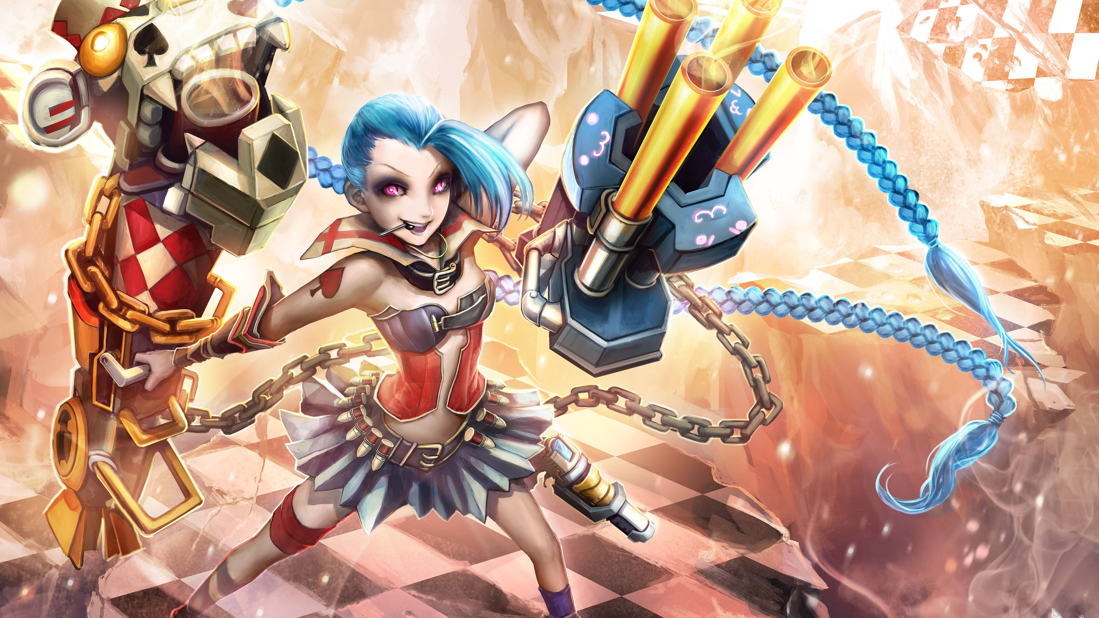 Jinx 桌布 壁紙 — 一位充滿活力的動漫風格戰士，藍色頭髮，在棋盤格戰場背景下揮舞機械武器和鎖鏈。