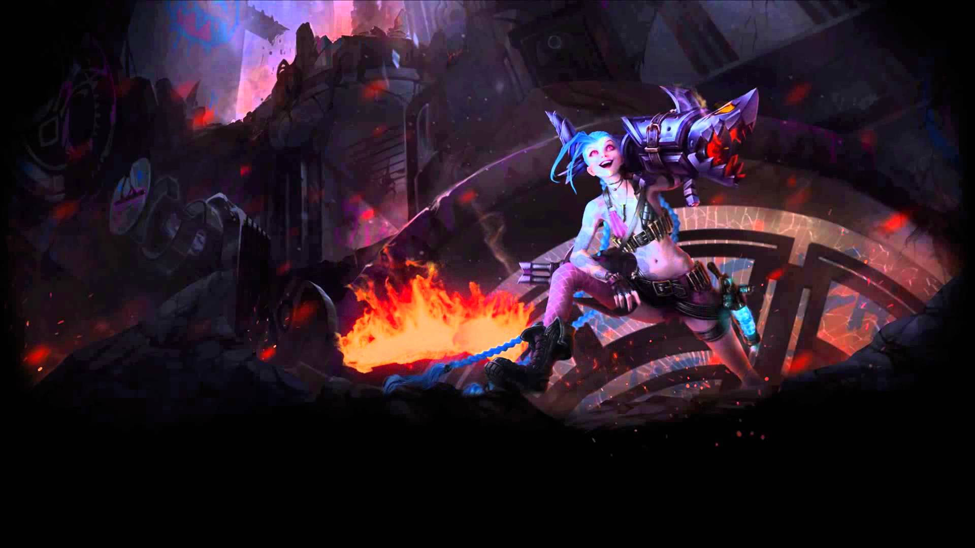 Jinx 桌布 壁紙 — 一位充滿活力的動漫風格戰士，藍色頭髮和機械裝備，在黑暗燃燒的廢墟中揮舞著火焰武器大笑。