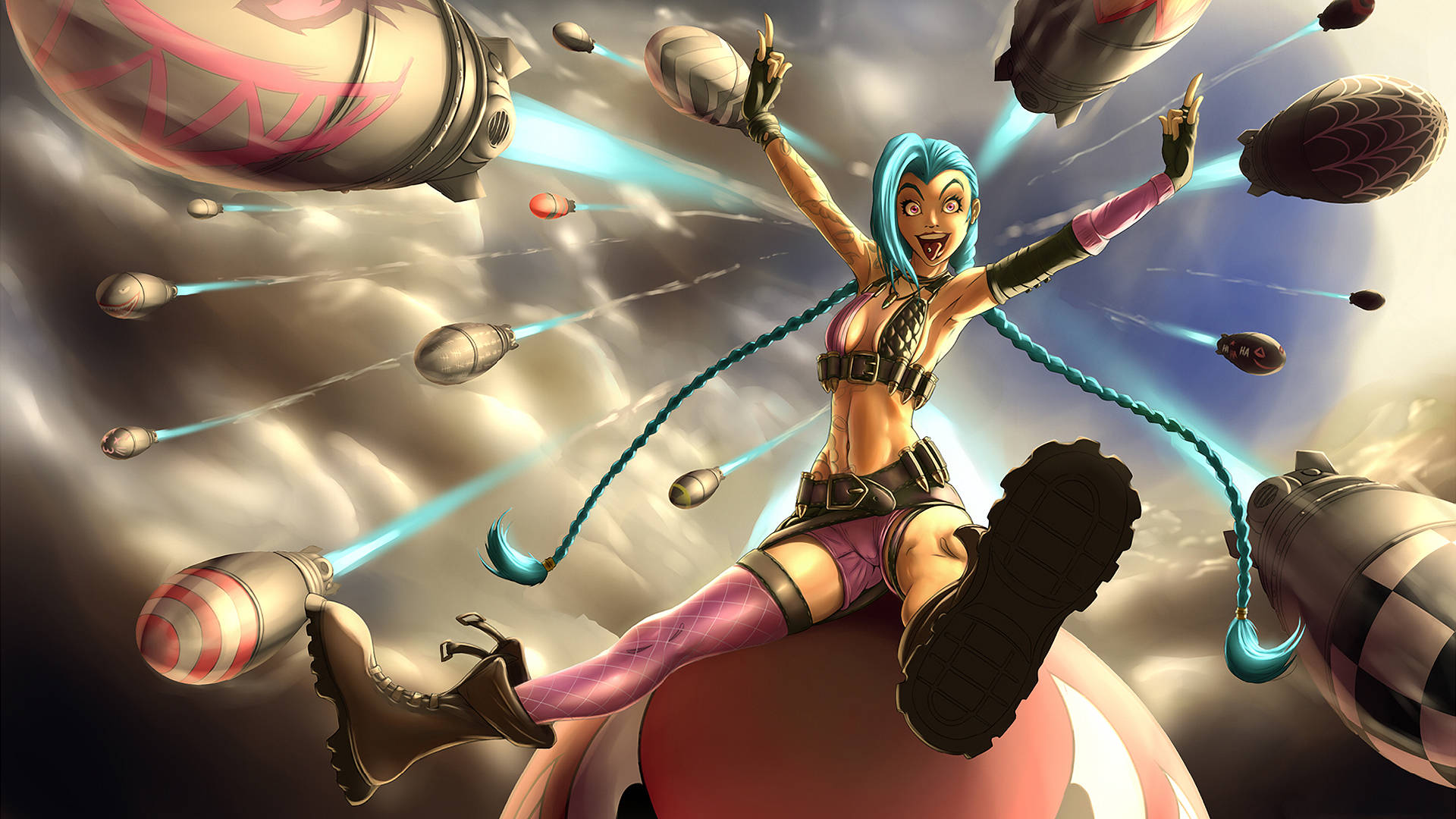 Jinx 桌布 壁紙 — 一位充滿活力的動漫風格藍髮女子，在漫天飛舞的爆炸物中歡快地騎著一顆巨型炸彈。