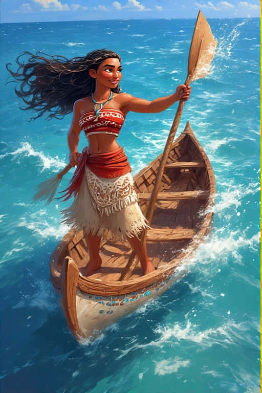 Oceanic Adventure Moana 4K 壁紙 — 一位充滿活力的動畫女性，飄逸的深色頭髮，在明亮的藍天下划著木製獨木舟穿過碧綠色的海浪。