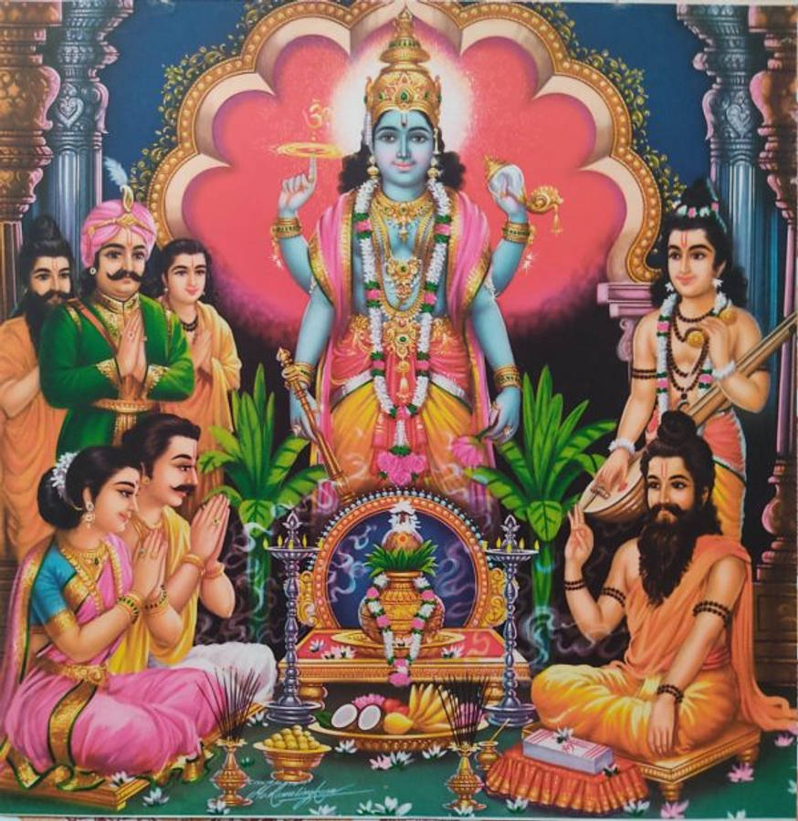 hindu iPhone 桌布 壁紙 — 一位充滿活力的印度教神祇，藍色皮膚，戴著金色皇冠，坐在寶座上，周圍是穿著色彩繽紛傳統服飾的信徒在祈禱。