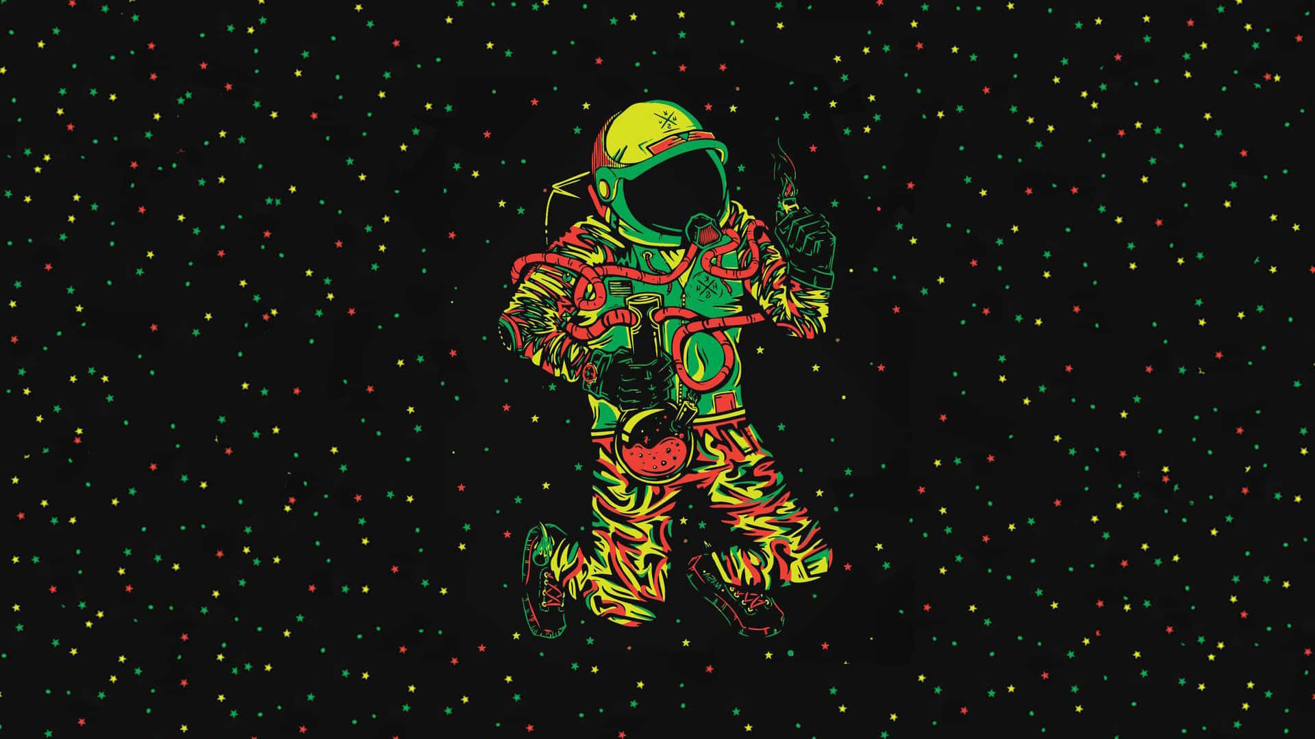 Amazing Astronaut 桌布 壁紙 — 一位充滿活力的太空人，穿著迷幻的綠色、黃色和紅色太空衣，在黑色宇宙背景下，於色彩繽紛的星星之間跳舞。