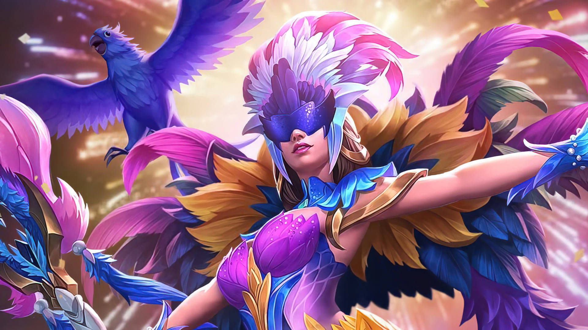 heroes 桌布 壁紙 — 一位充滿活力的奇幻戰士，擁有紫色和金色的羽毛翅膀，與一隻鳥同伴在閃耀的金色天空中翱翔。