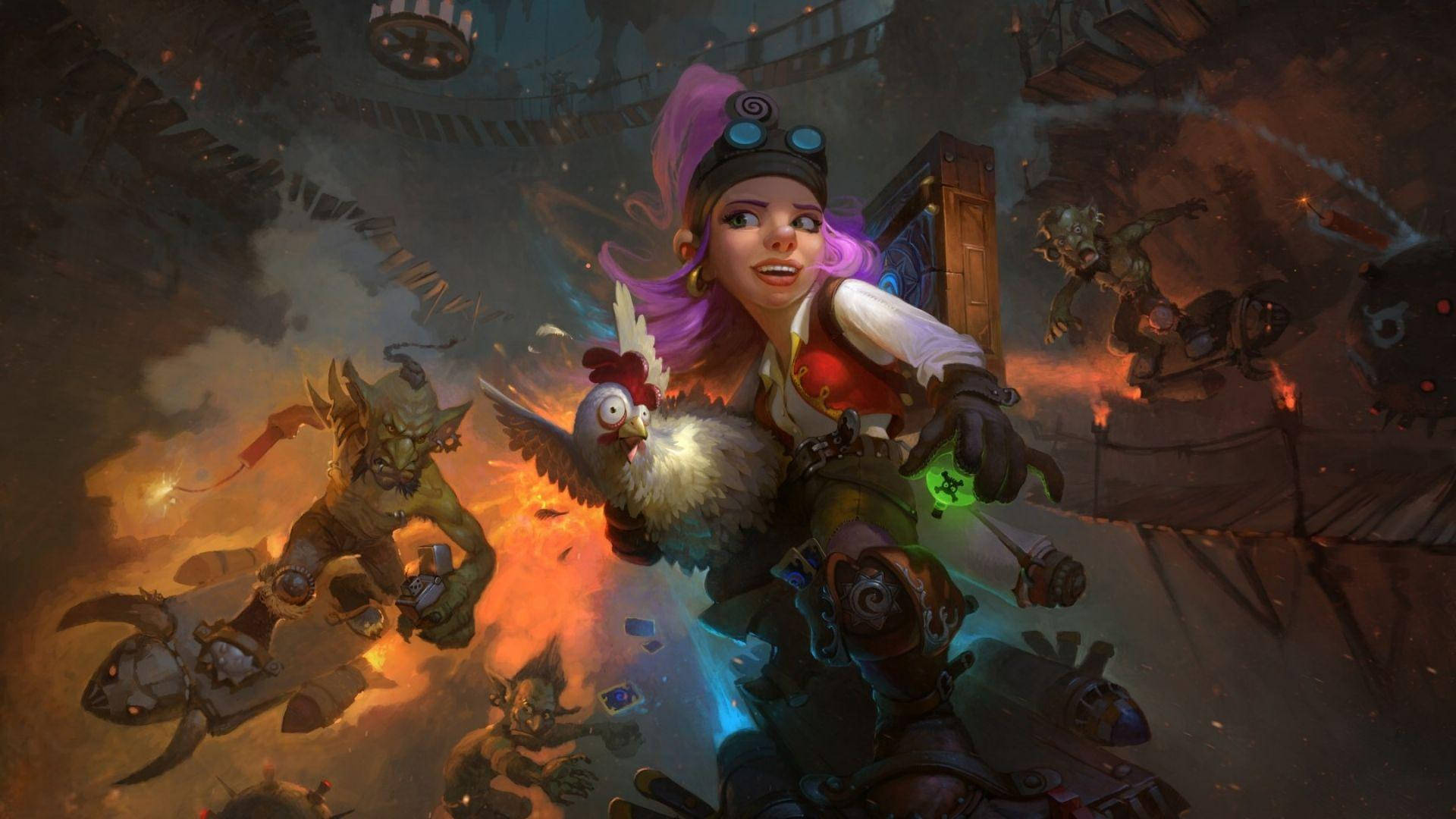Hearthstone 桌布 壁紙 — 一位充滿活力的奇幻戰士，擁有紫色頭髮和護目鏡，在熾熱的混亂和怪物敵人之中揮舞著發光的武器。