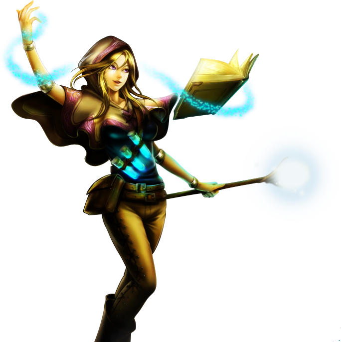 sorceress 桌布 壁紙 — 一位充滿活力的女性法師穿著奇幻服飾，用魔杖和漂浮的咒語書施展發光的藍色魔法。