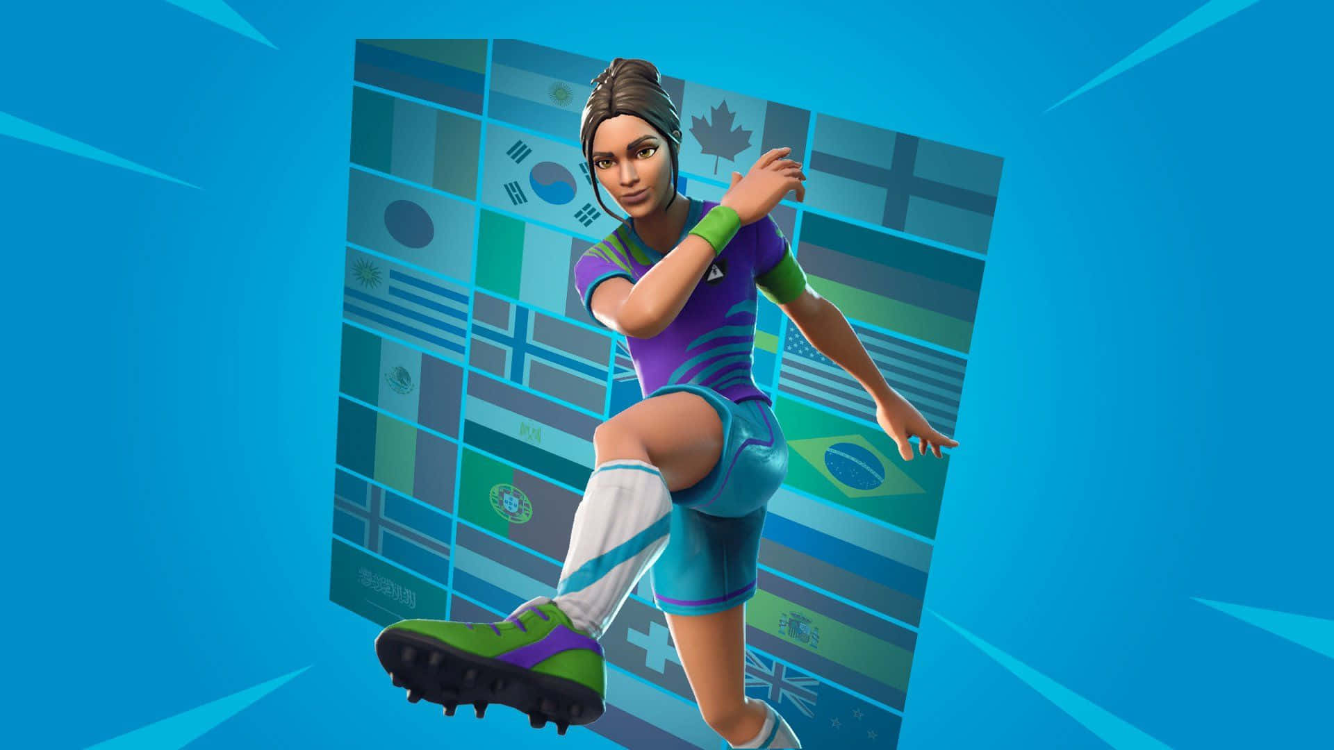 Fortnite 造型 桌布 壁紙 — 一位充滿活力的女足球員穿著鮮豔的紫色和藍綠色裝備，在藍色背景和國際旗幟前凌空踢球。