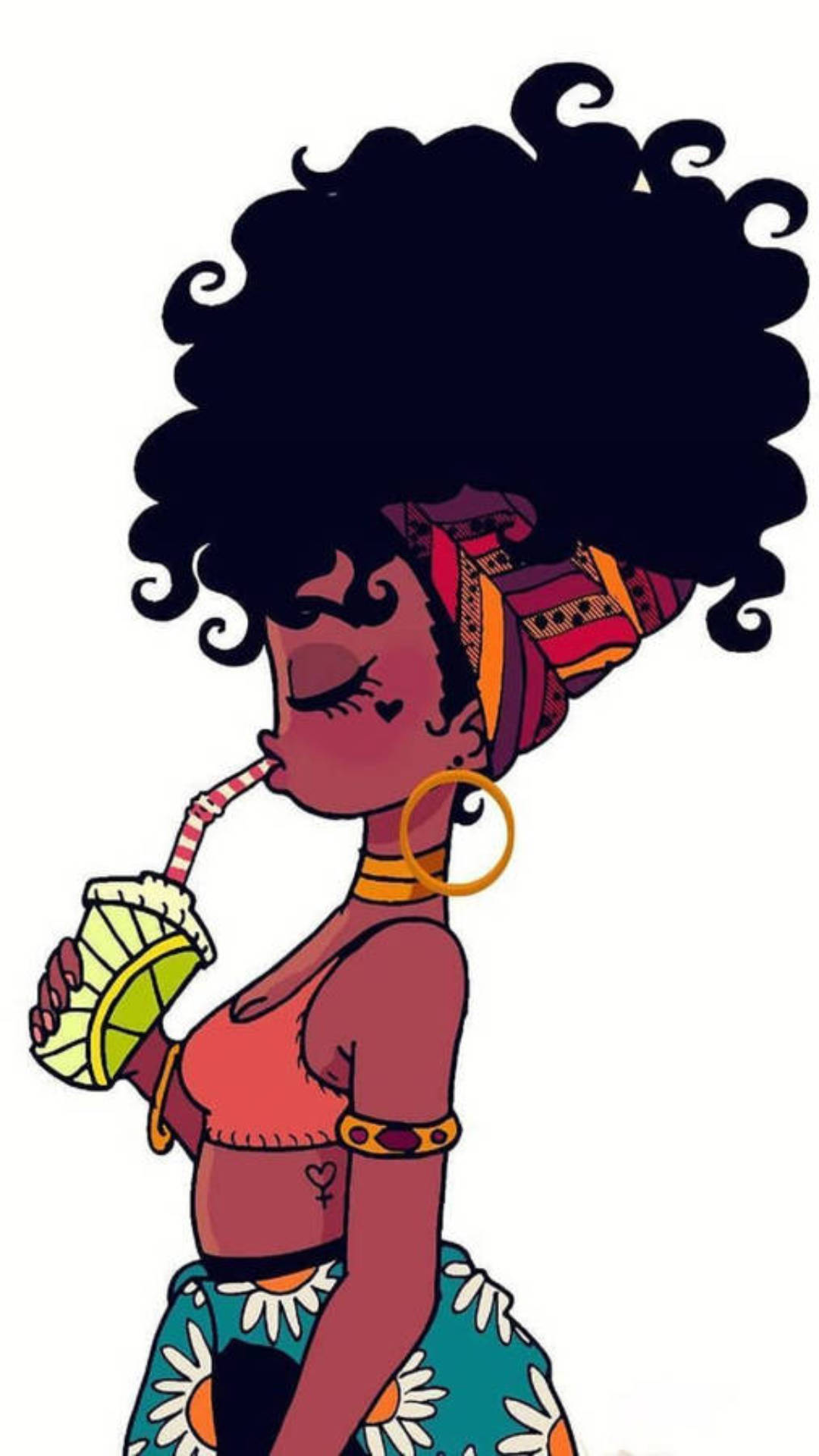 Black Girl 桌布 壁紙 — 一位充滿活力的插圖女性，擁有大型非洲髮型和圖案頭巾，正用吸管啜飲飲料。