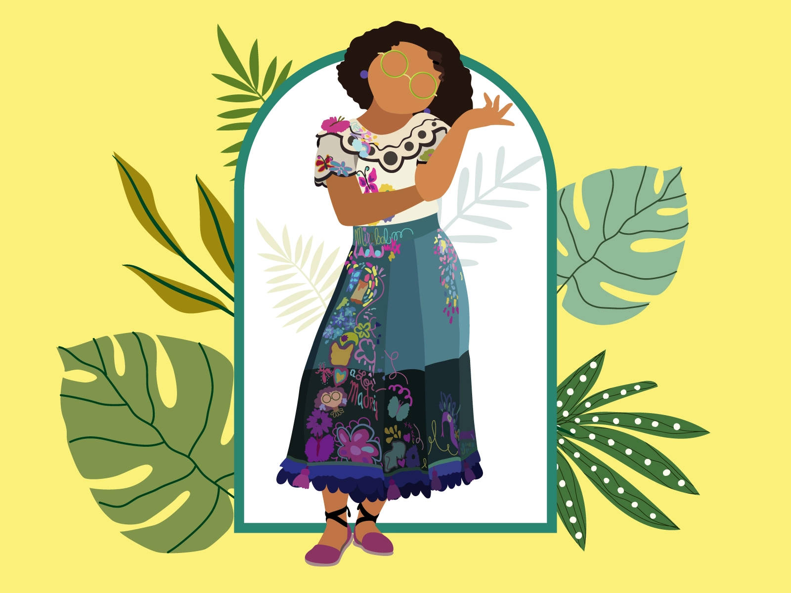 Mirabel 桌布 壁紙 — 一位充滿活力的插畫女性穿著花卉服飾，在陽光燦爛的黃色背景上，被茂盛的熱帶葉子優雅地框住。