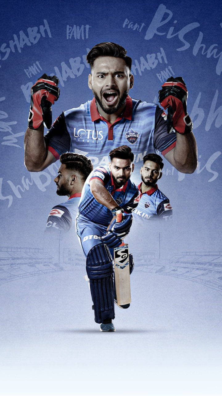 Delhi Capitals 桌布 壁紙 — 一位充滿活力的板球運動員身穿藍色和紅色裝備，手持球棒和手套，在風格化的體育場背景下勝利慶祝。