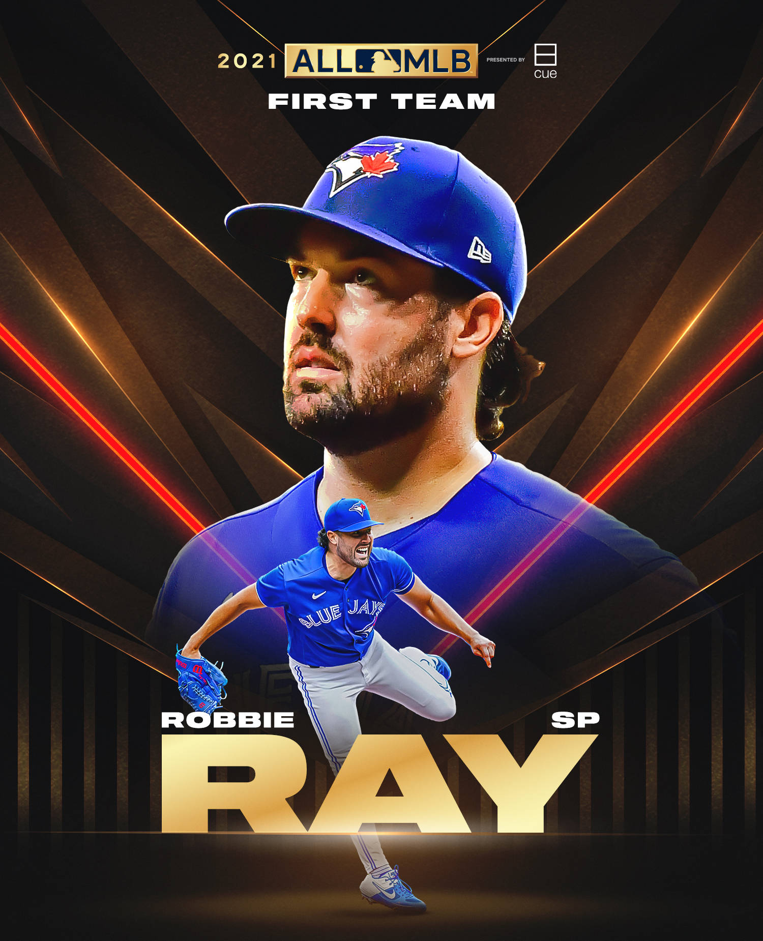運動 桌布 壁紙 — 一位充滿活力的棒球運動員Robbie Ray身穿藍鳥隊制服，在帶有紅色光條的發光幾何背景前擺姿勢。