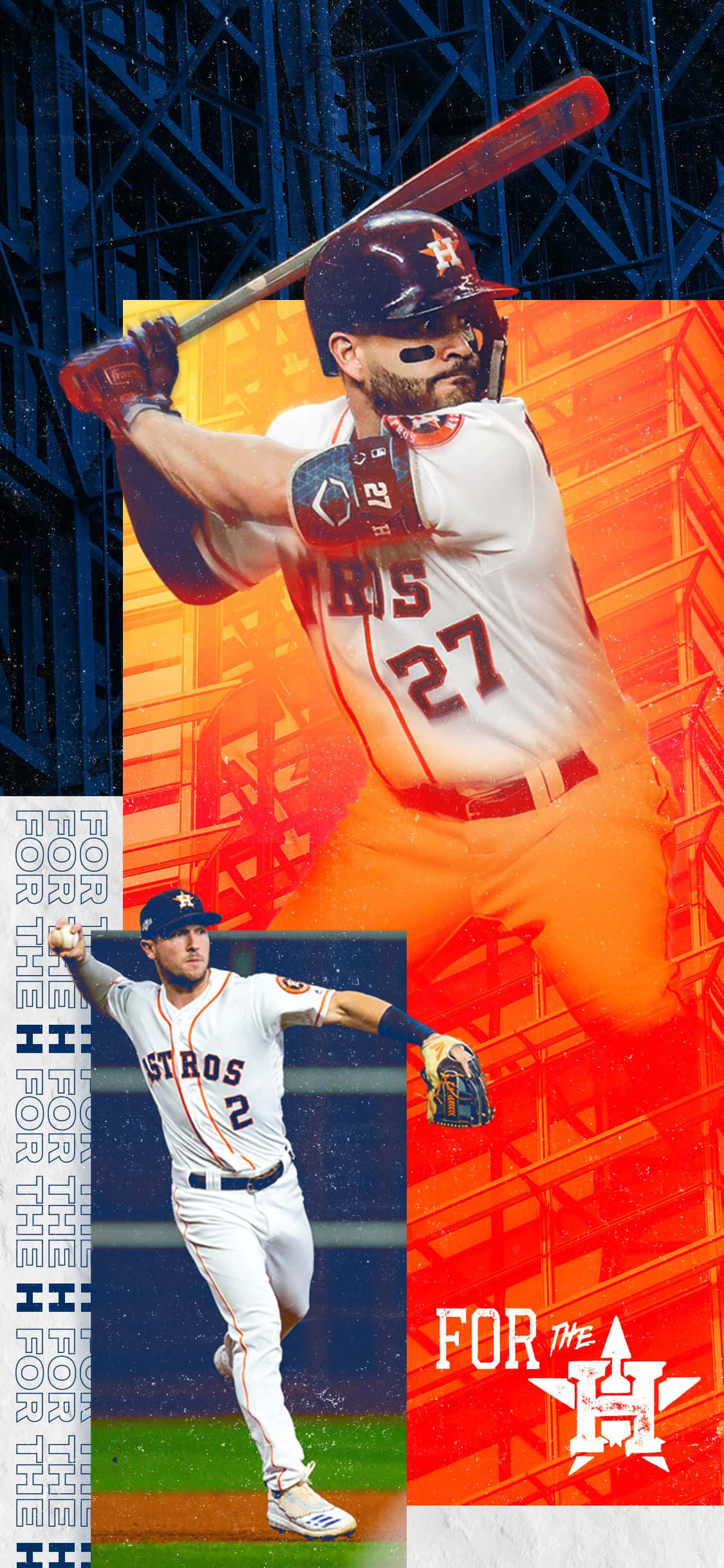 MLB Baseball League 桌布 壁紙 — 一位充滿活力的棒球運動員身穿休士頓太空人隊制服，在火橙色和深藍色的球場背景下揮棒。