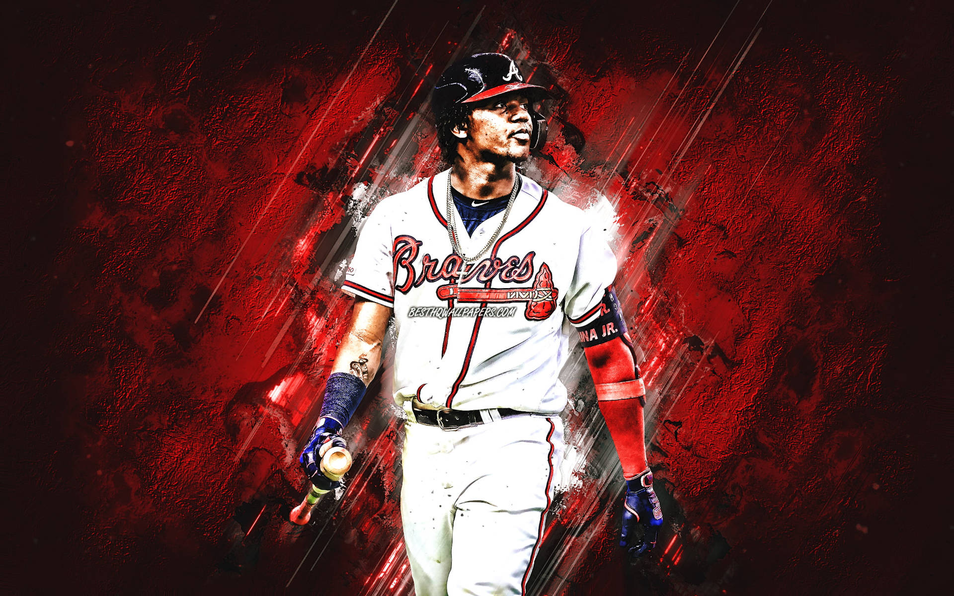 Braves 桌布 壁紙 — 一位充滿活力的棒球運動員身穿勇士隊制服，手持球棒，背景是火紅的抽象圖案。