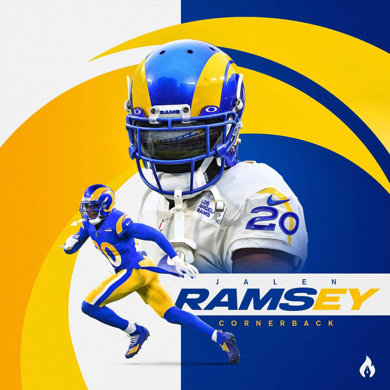 Ramsey 桌布 壁紙 — 一位充滿活力的洛杉磯公羊隊美式足球員，身穿藍色和金色裝備，在一個大膽的彎曲背景前衝刺，並顯示他的名字和位置。