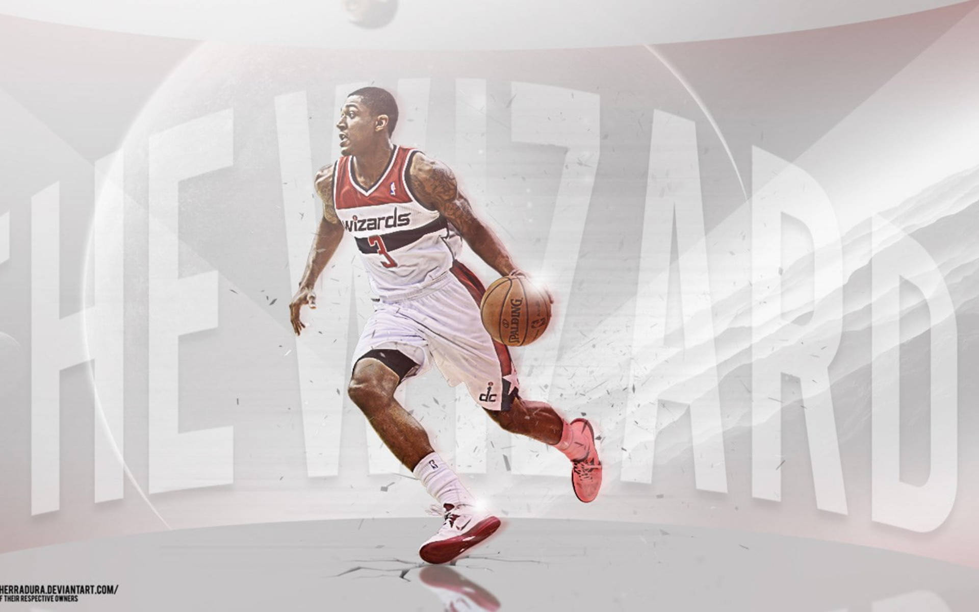 Washington Wizards 桌布 壁紙 — 一位充滿活力的籃球運動員穿著巫師隊球衣，在風格化的「THE WIZARD」背景下專注地運球。
