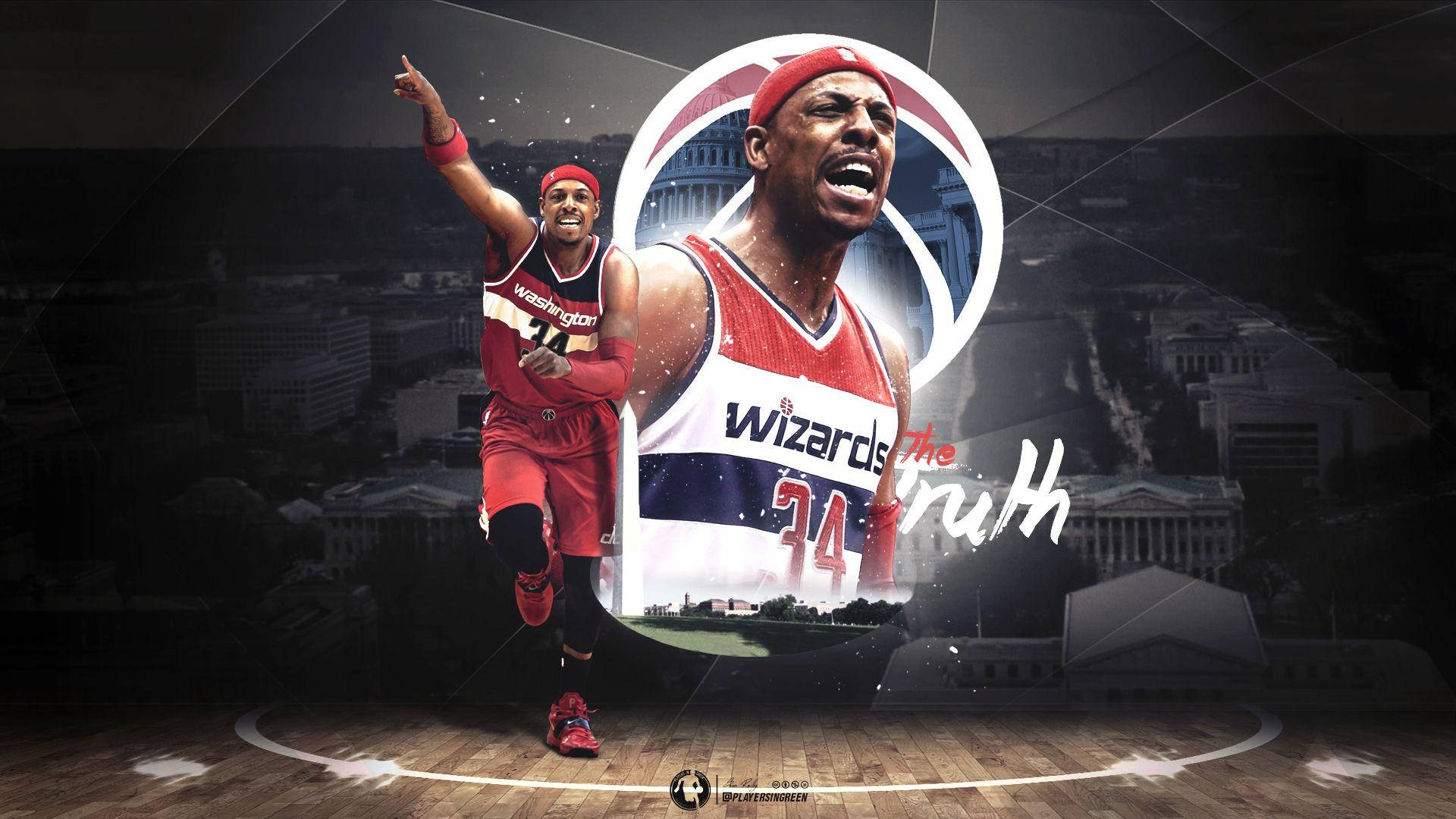 Paul Pierce 桌布 壁紙 — 一位充滿活力的籃球運動員身穿紅色巫師隊球衣，在帶有「The Truth」字樣的城市天際線背景上勝利地跳躍。