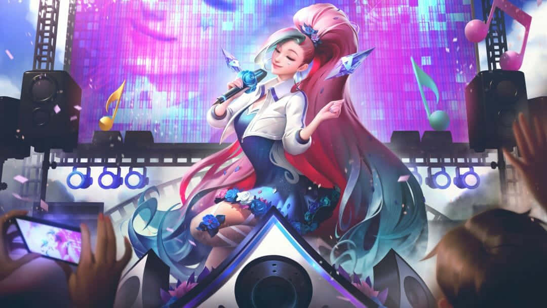 Kawaii Gaming Girl 桌布 壁紙 — 一位充滿活力的粉紅頭髮動漫歌手在閃耀的舞台上表演，周圍環繞著漂浮的音符和歡呼的粉絲。