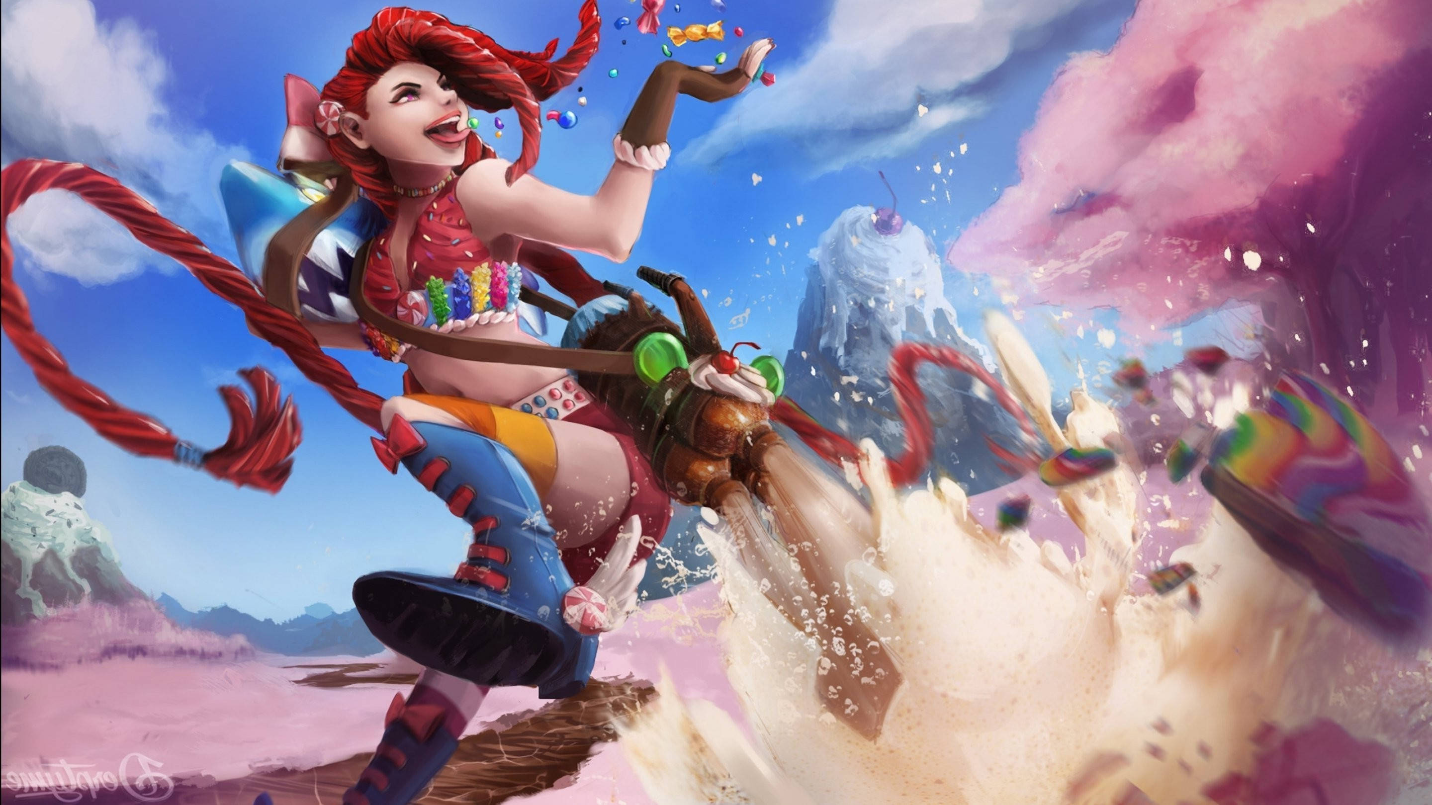 Jinx 桌布 壁紙 — 一位充滿活力的紅髮動漫女孩騎著一隻生物，在糖果主題的風景中奔馳，背景是明亮的藍天。