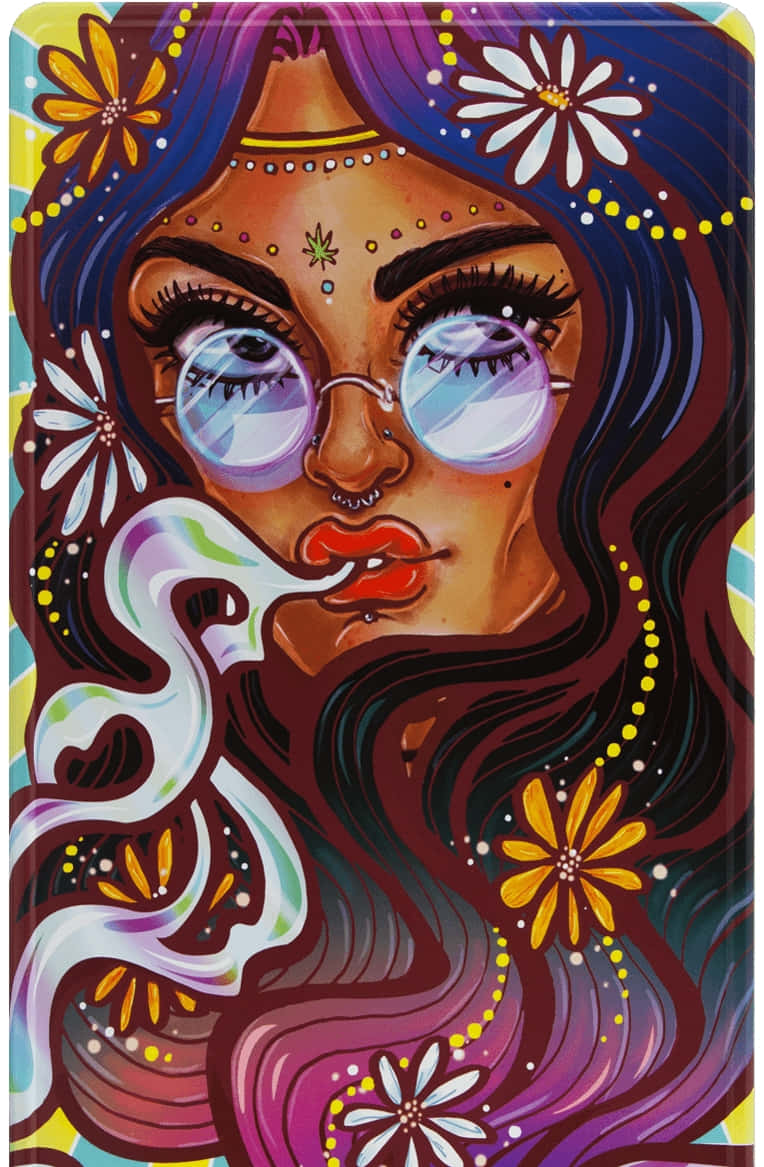 Psychedelic Grunge 桌布 壁紙 — 一位充滿活力的風格化女性，紫色頭髮戴眼鏡，在雛菊和珠子環繞下呼出彩色煙霧。