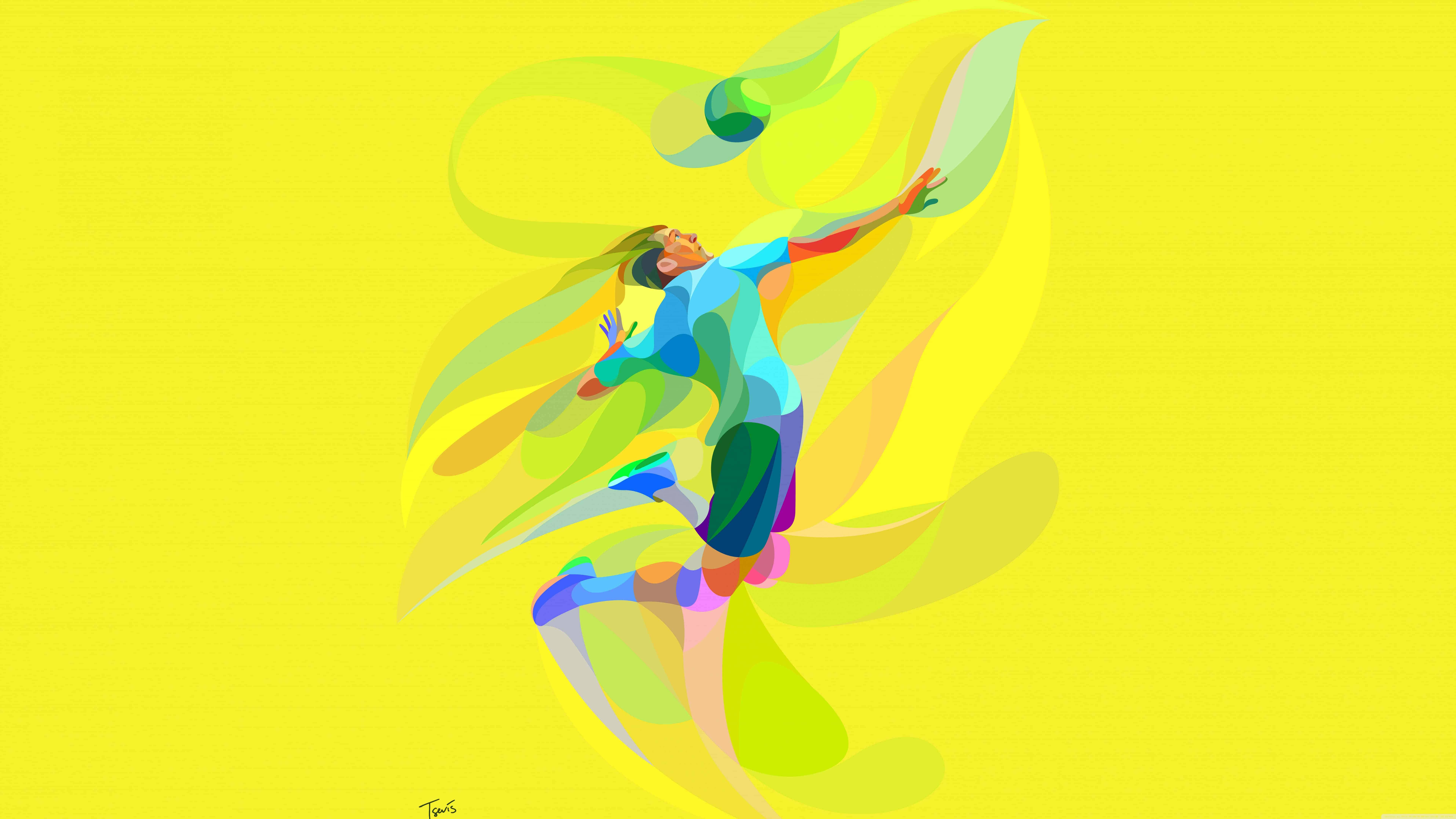 4K Volleyball 桌布 壁紙 — 一位充滿活力的風格化運動員在明亮的黃色背景上動態跳躍，伴隨著流動的彩色運動軌跡。
