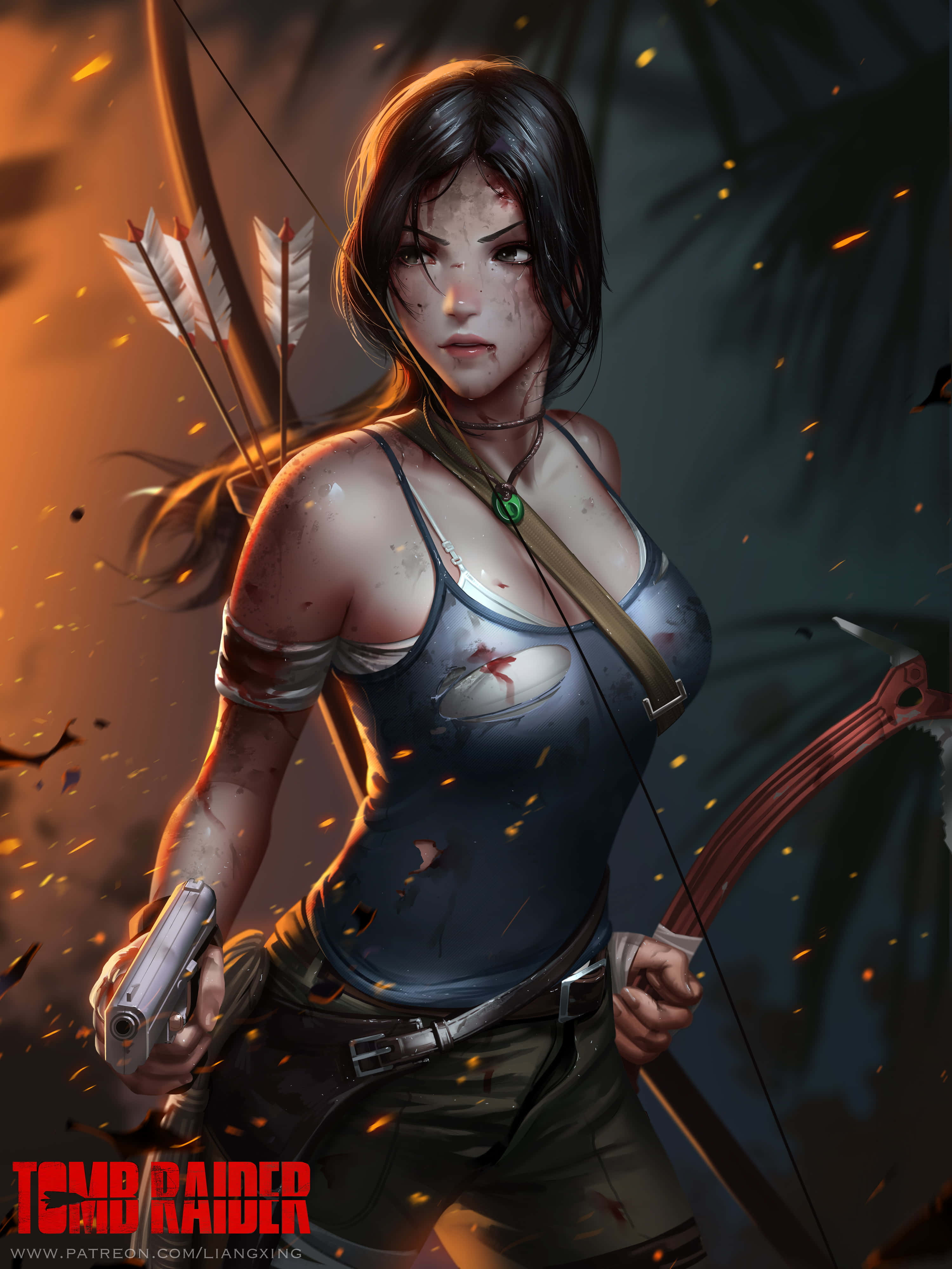 電玩遊戲 桌布 壁紙 — 一位兇猛的 Tomb Raider 戰士手持弓箭和手槍，站在熾熱的餘燼和叢林樹葉中。