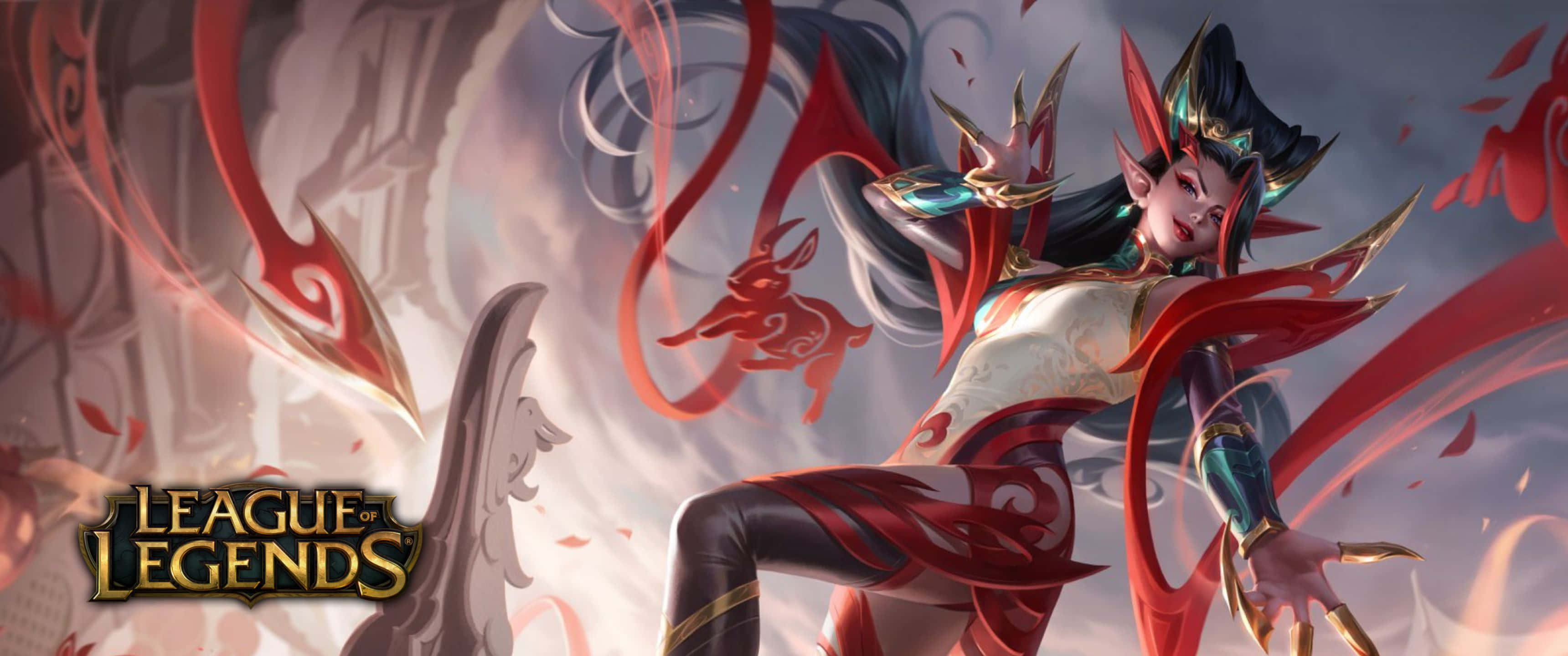character 桌布 壁紙 — 一位兇猛的《英雄聯盟》英雄，身穿紅黑盔甲，飄逸的絲帶，在神秘的背景下擺出動態姿勢。