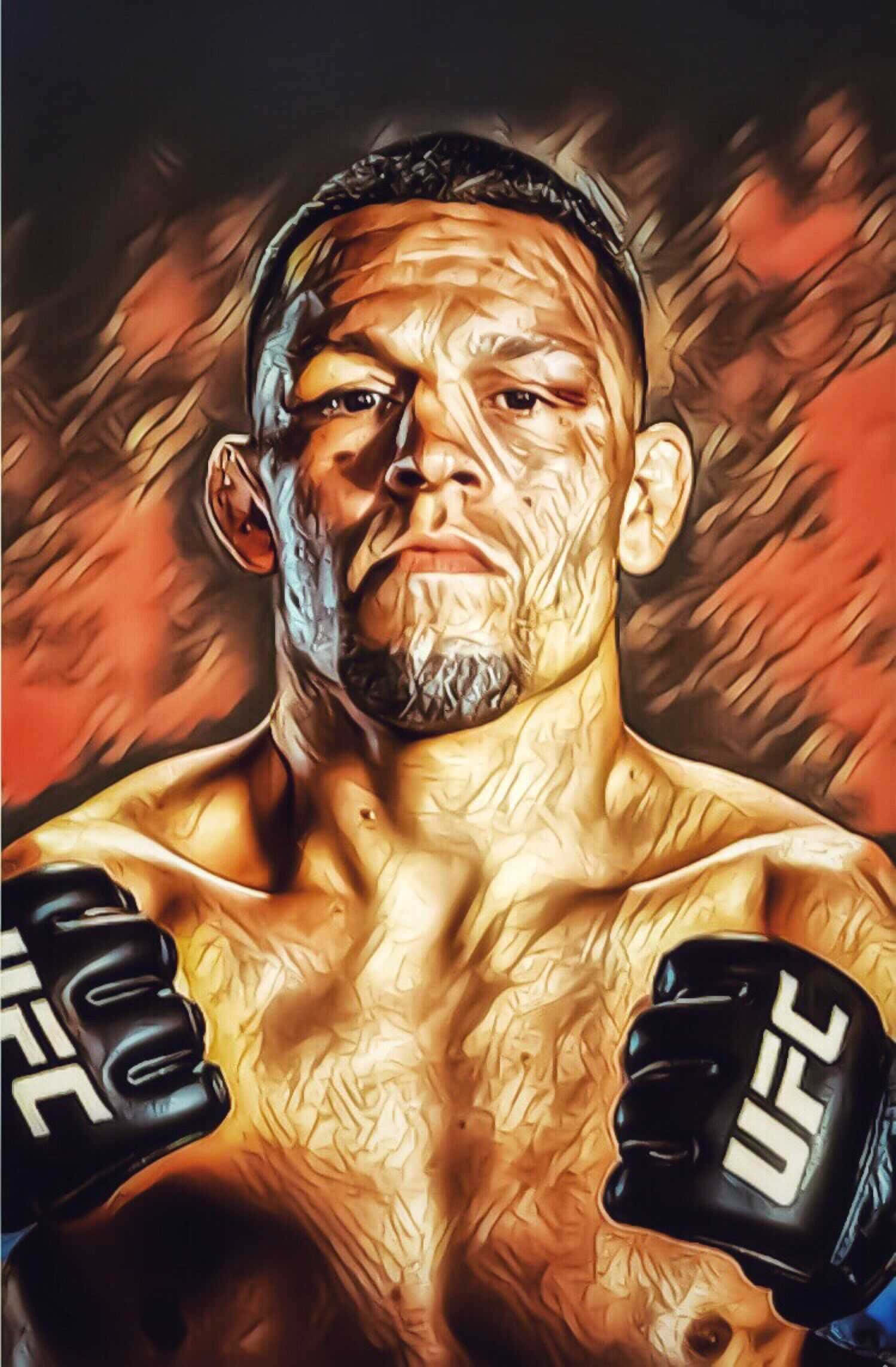 UFC 桌布 壁紙 — 一位兇猛的UFC拳手，眼神銳利，汗水在肌肉發達的上半身閃閃發光，背景是火熱的橙色和黑色。