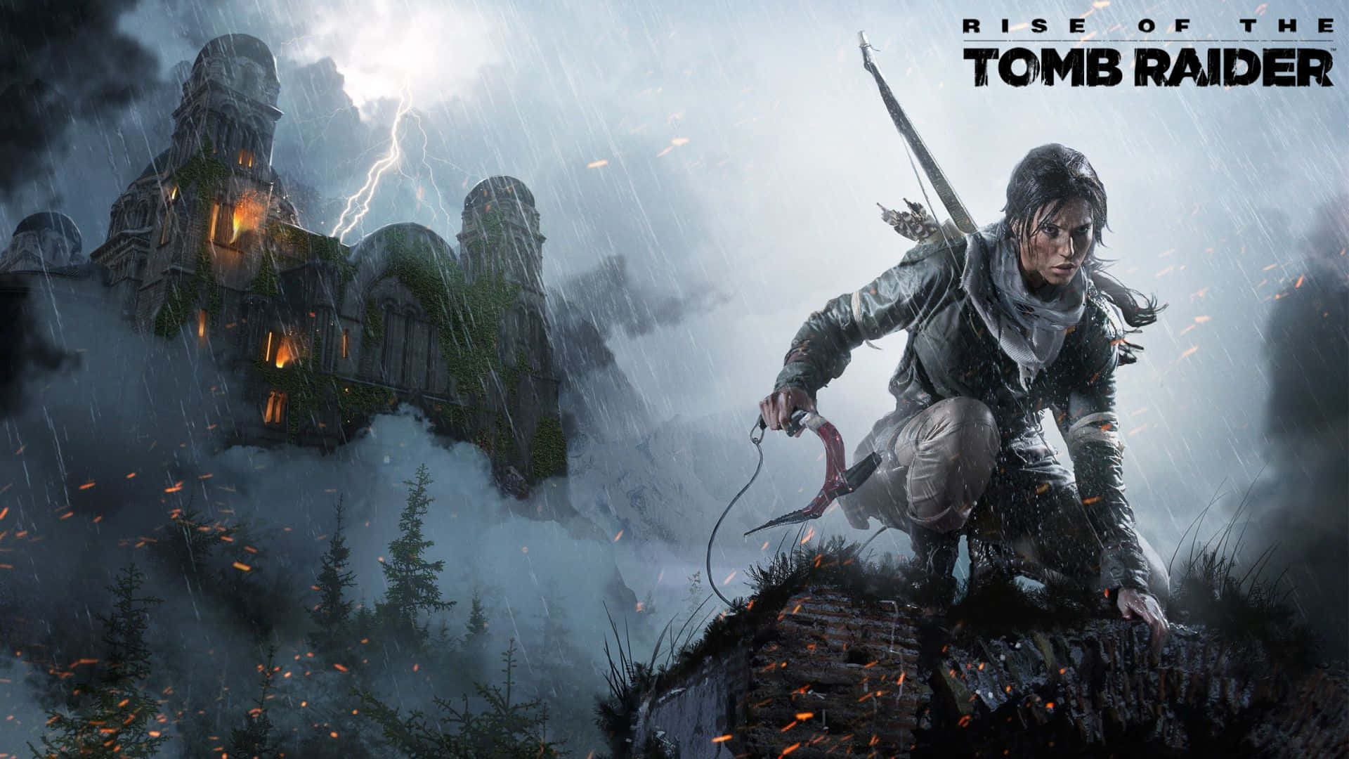 Lara Croft 桌布 壁紙 — 一位兇猛的冒險家在暴風雨中蹲在懸崖邊緣，閃電擊中她身後正在崩塌的廢墟。