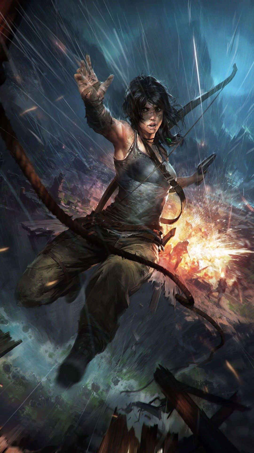 桌布 壁紙 — 一位兇猛的冒險家在風暴廢墟中盪來盪去，身後爆炸四起，構成電影般的數位藝術場景。