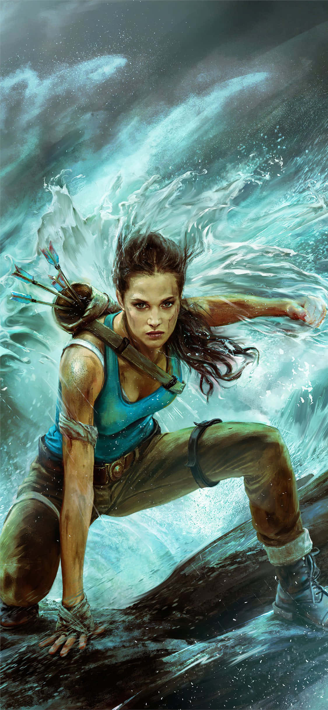 Pixel 3 Shadow Of The Tomb Raider 桌布 壁紙 — 一位兇猛的冒險家帶著堅定的專注，背著箭袋，與洶湧的海浪搏鬥。