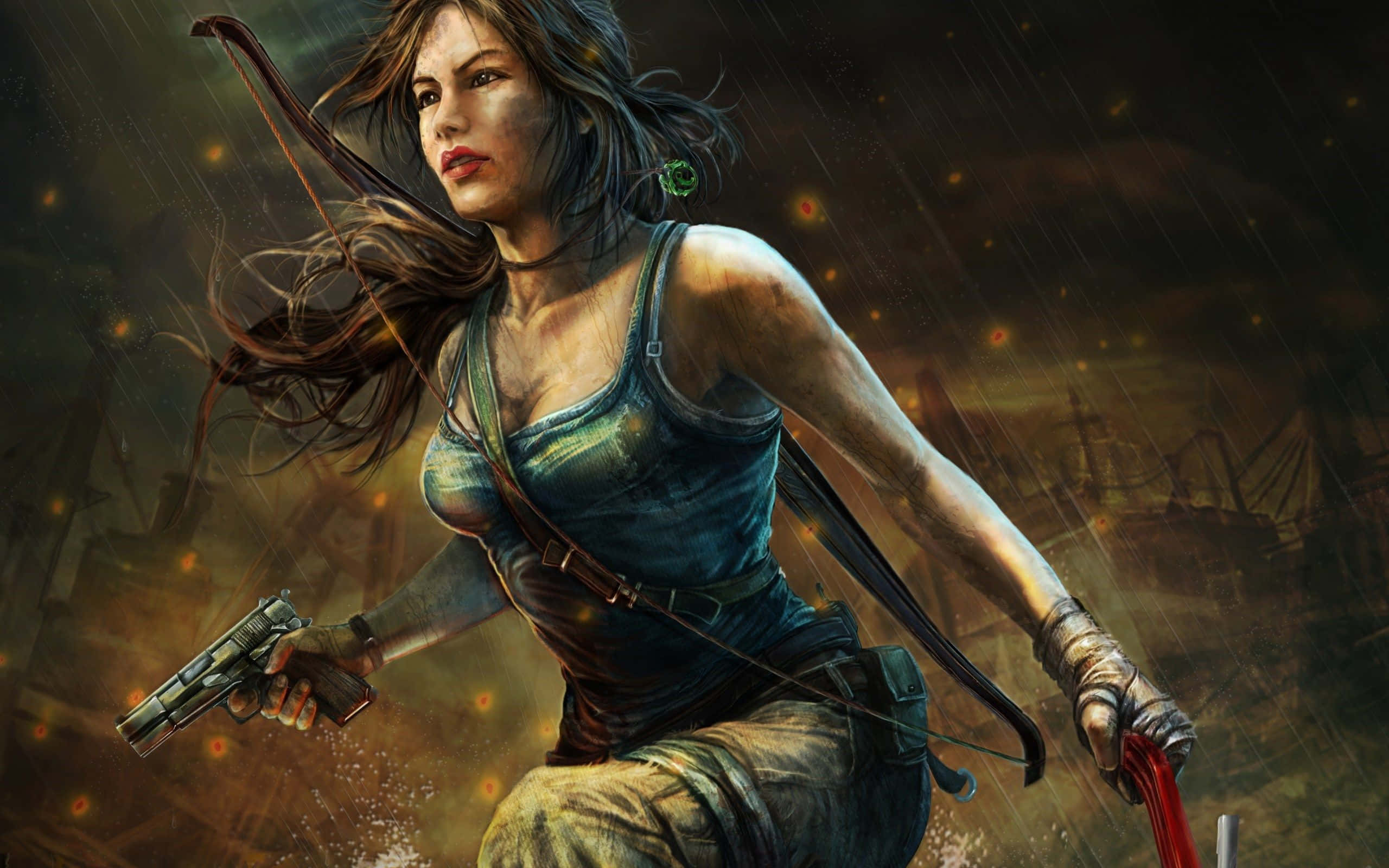 Game Art 桌布 壁紙 — 一位兇猛的冒險家帶著弓和手槍，在風暴中的叢林戰場上衝鋒，雨中有發光的餘燼。