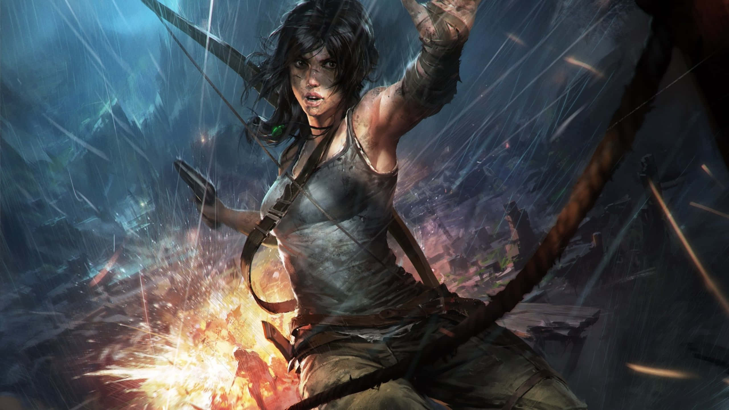 1440p Shadow Of The Tomb Raider 桌布 壁紙 — 一位兇猛的冒險家穿過風暴廢墟搖擺，爆炸照亮了她堅定的臉龐。