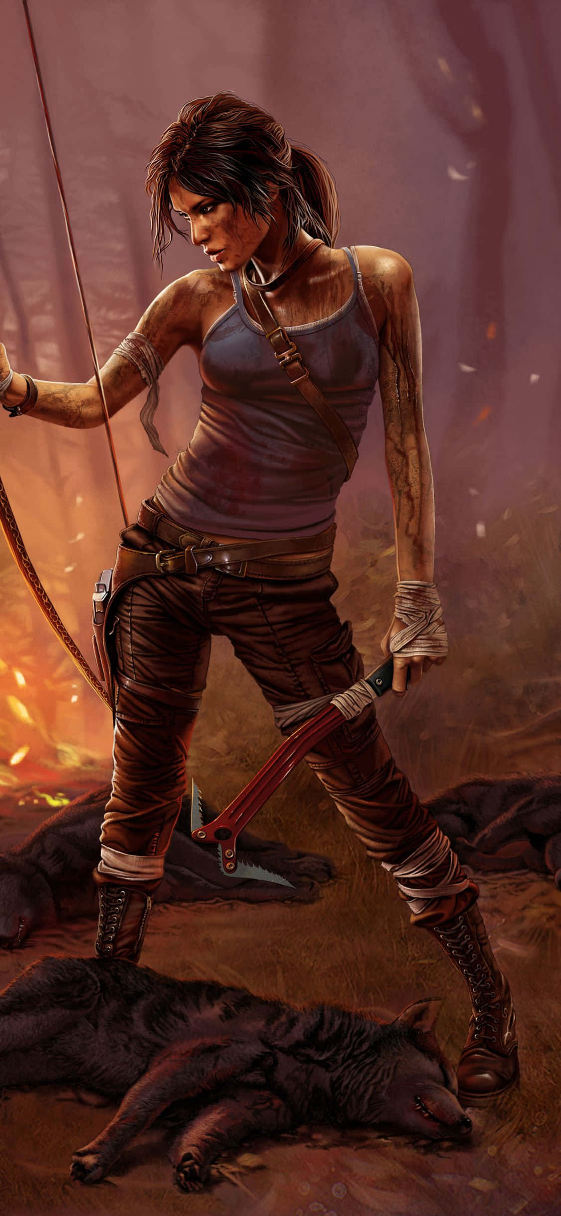 Pixel 3 Shadow Of The Tomb Raider 桌布 壁紙 — 一位兇猛的冒險家站在煙霧瀰漫的叢林空地上，手持弓箭，腳邊有一隻倒下的動物。