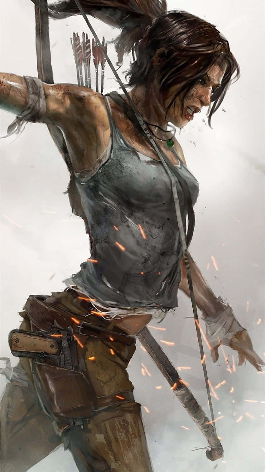 iPhone Xs Rise Of The Tomb Raider 桌布 壁紙 — 一位兇猛的冒險者拉弓，火花四濺，箭矢從箭袋中飛出，構成一個粗獷的動作場景。