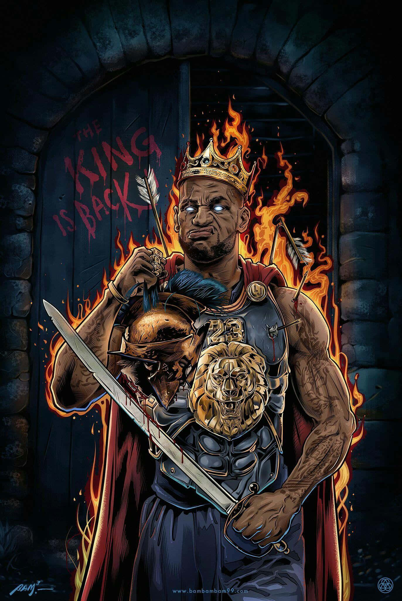 King LeBron James 桌布 壁紙 — 一位兇猛的加冕戰士從火焰拱門中出現，手持劍和頭盔，身後有「THE KING IS BACK」塗鴉。