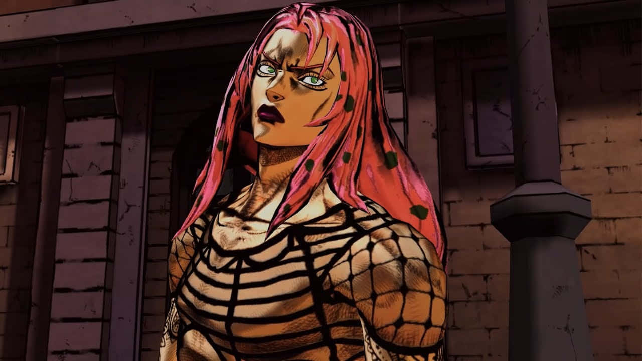 Jojo's Bizarre Adventure Diavolo 桌布 壁紙 — 一位兇猛的動漫女性，粉紅色頭髮和綠色眼睛，站在骯髒的城市後巷，穿著黑色網狀上衣。