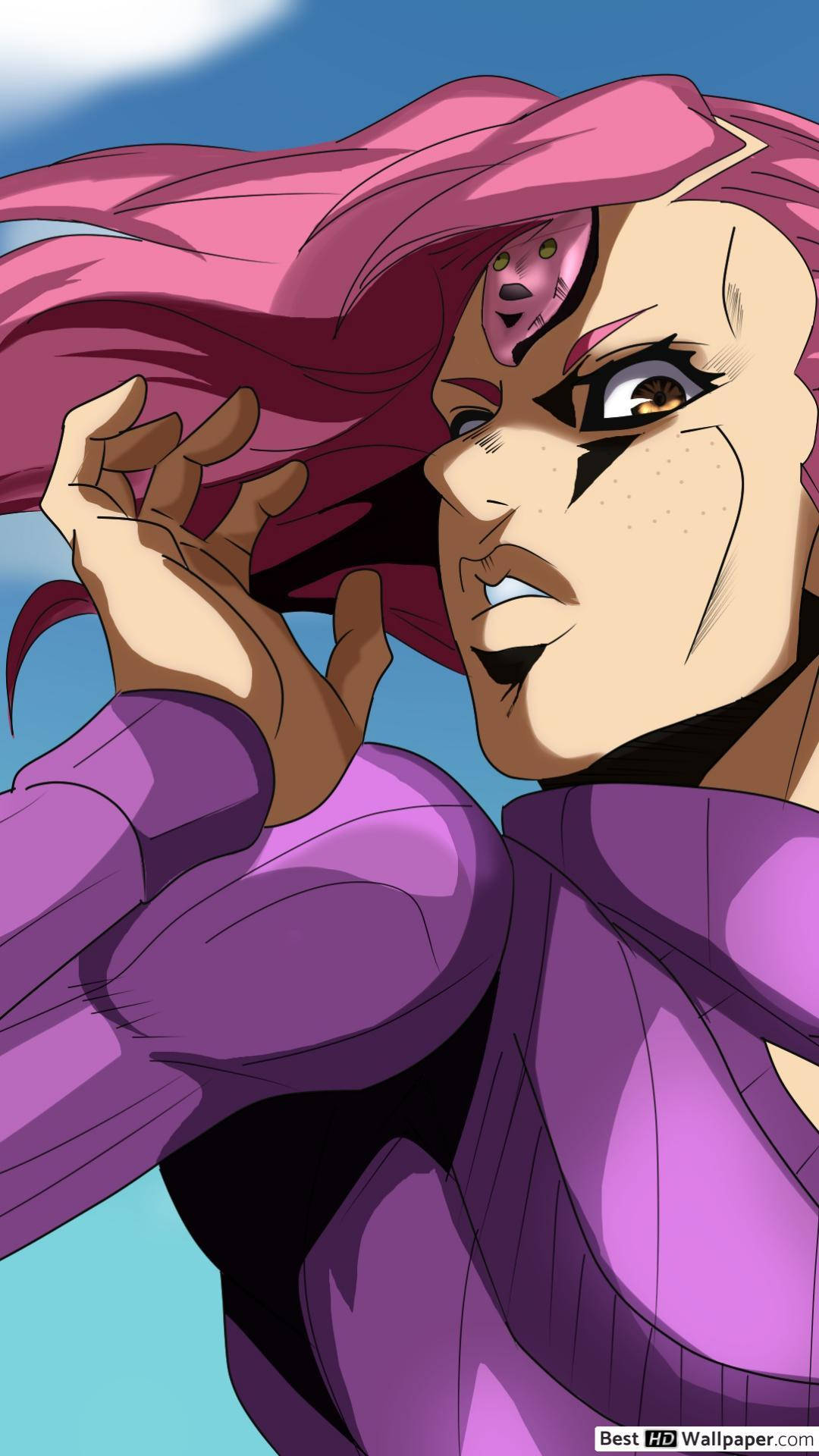 Jojo Phone 桌布 壁紙 — 一位兇猛的動漫女性，粉紅色頭髮和紫色服裝，在明亮的藍天下強烈凝視。