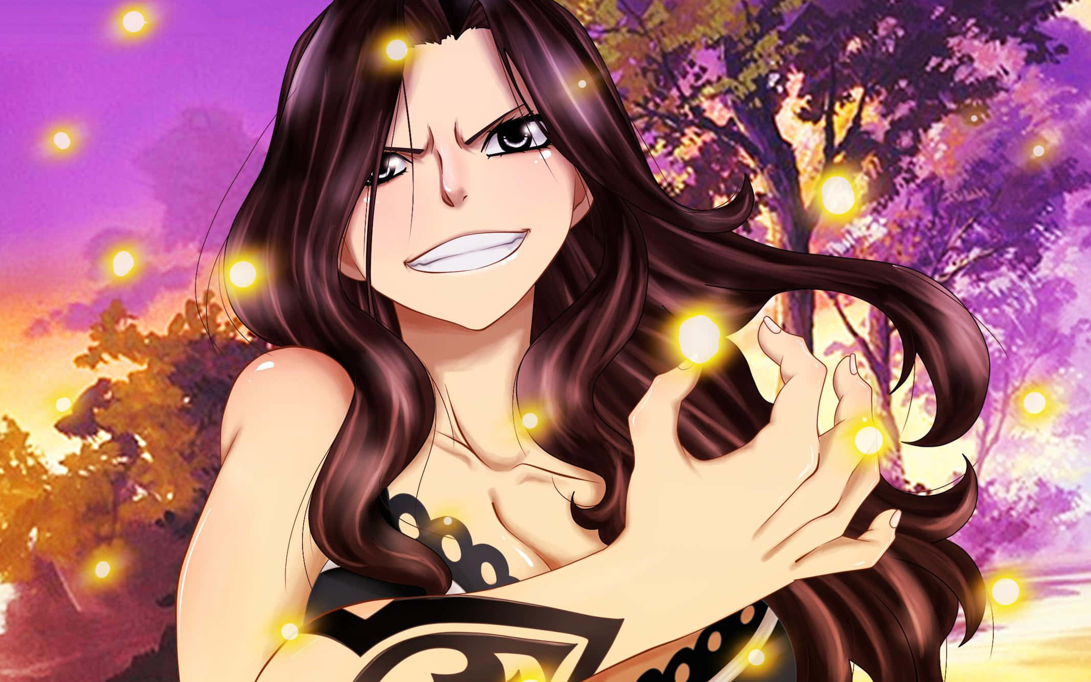 Cana Alberona 桌布 壁紙 — 一位兇猛的動漫女性，長長的黑髮，在紫色和橙色的黃昏天空下揮舞著發光的球體。