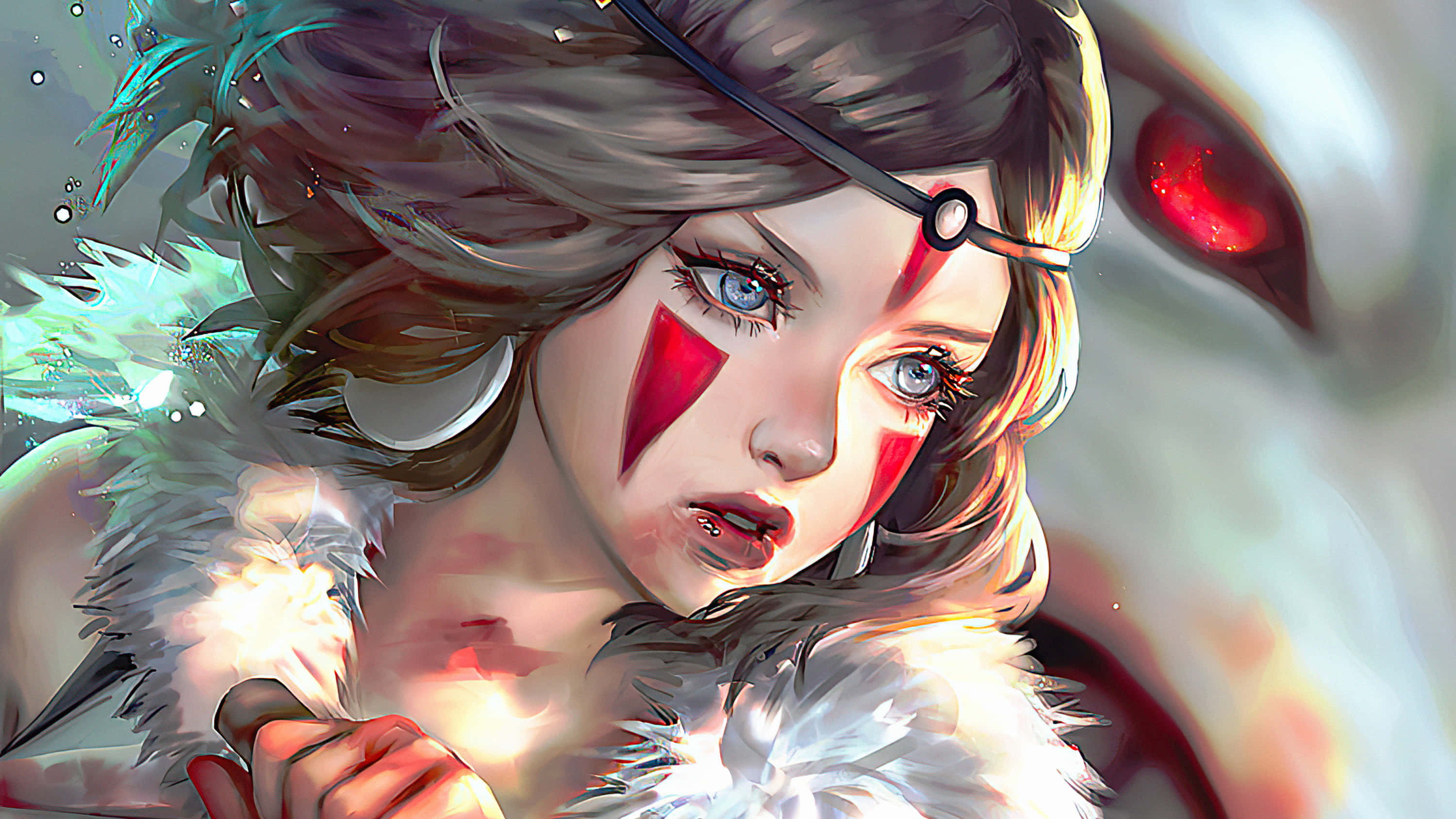 魔法公主 桌布 壁紙 — 一位兇猛的動漫女戰士，臉上塗有紅色顏料，身穿白色毛皮盔甲，在發光的神秘背景下凝視著。