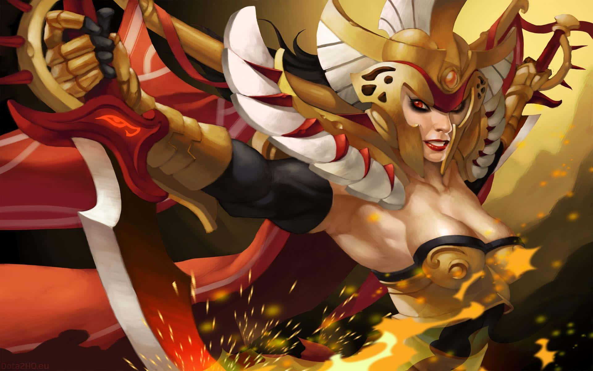 Legion Commander 桌布 壁紙 — 一位兇猛的動漫女戰士，身穿華麗金色盔甲和紅色斗篷，在火花四濺中揮舞發光的劍。